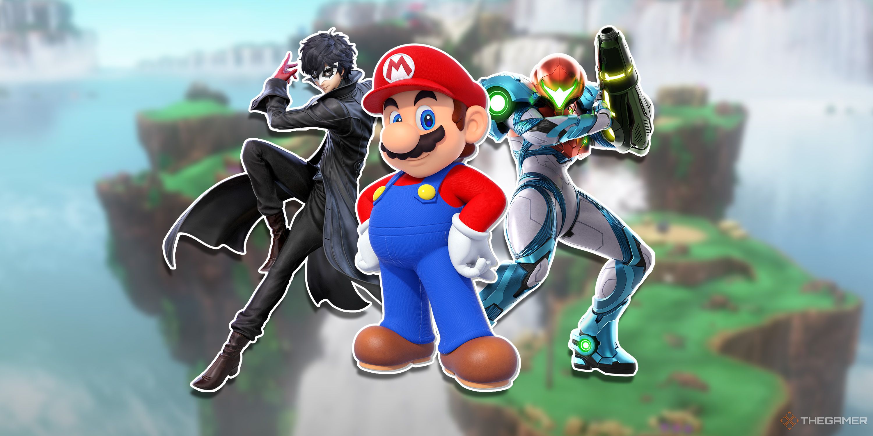 Mario, Joker, and Samus in the Cascade Kingdom from Super Mario Odyssey.