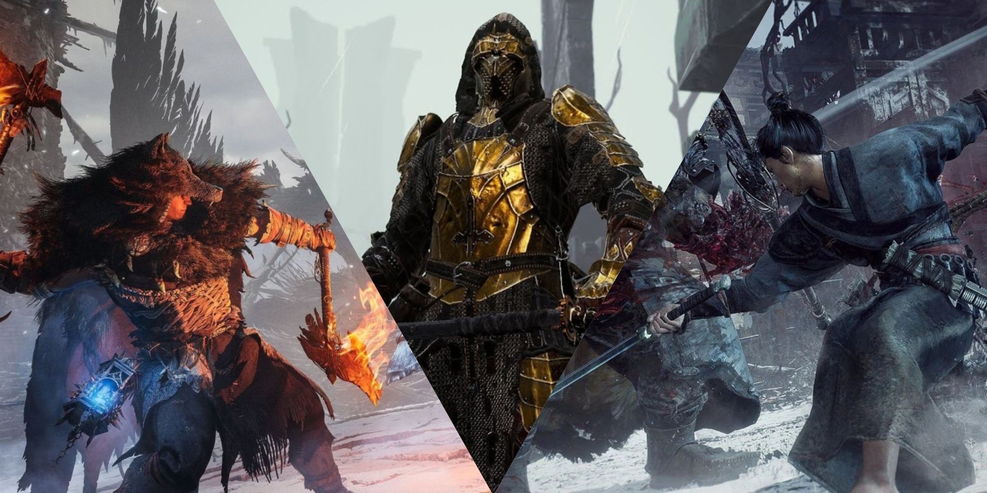 Collage with Lords of the Fallen, Mortal Shell, and Wo Long: Fallen Dynasty