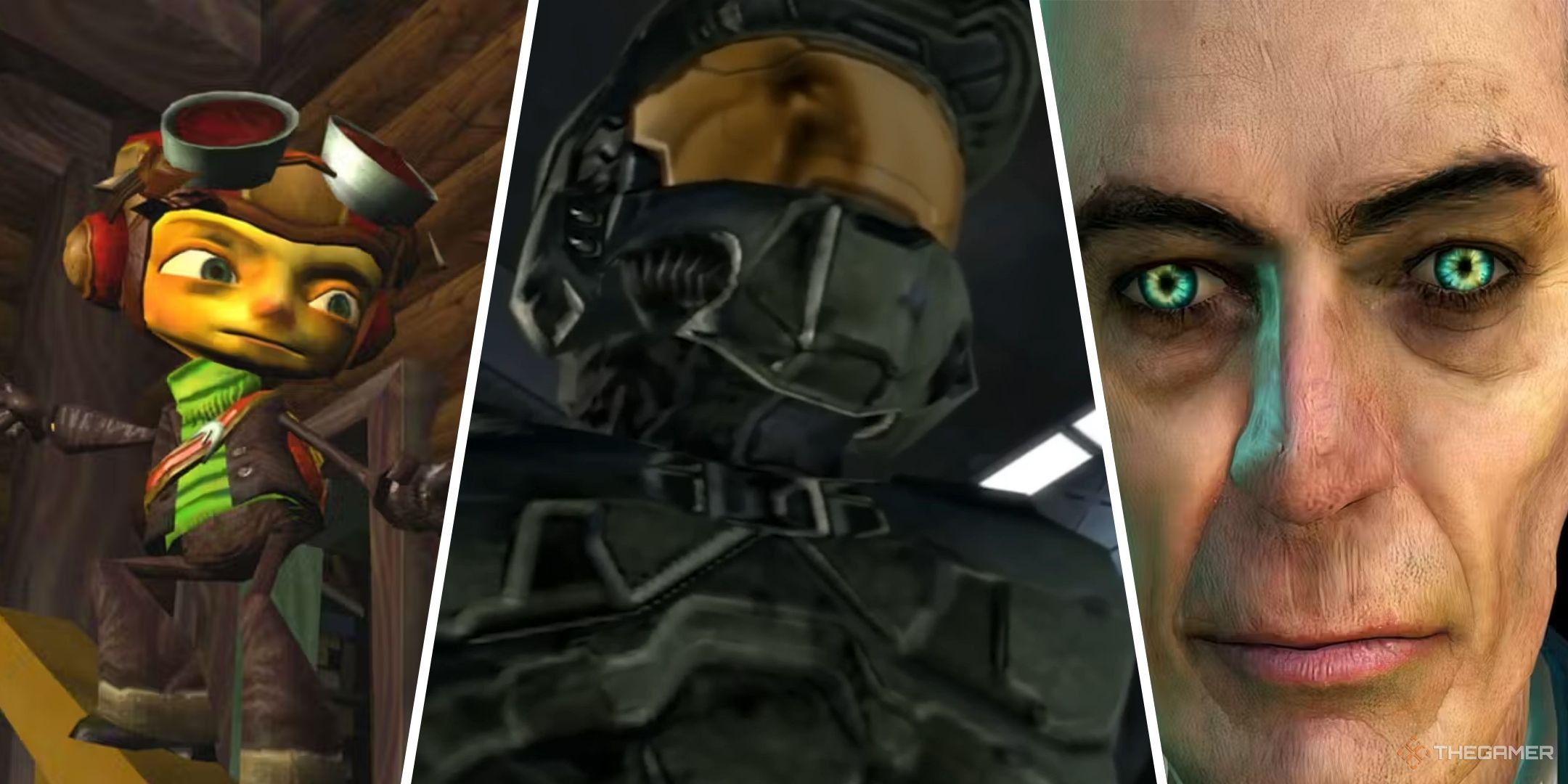 Featured split image containing screenshots of Psychonauts, Halo 2, and Half-Life 2.