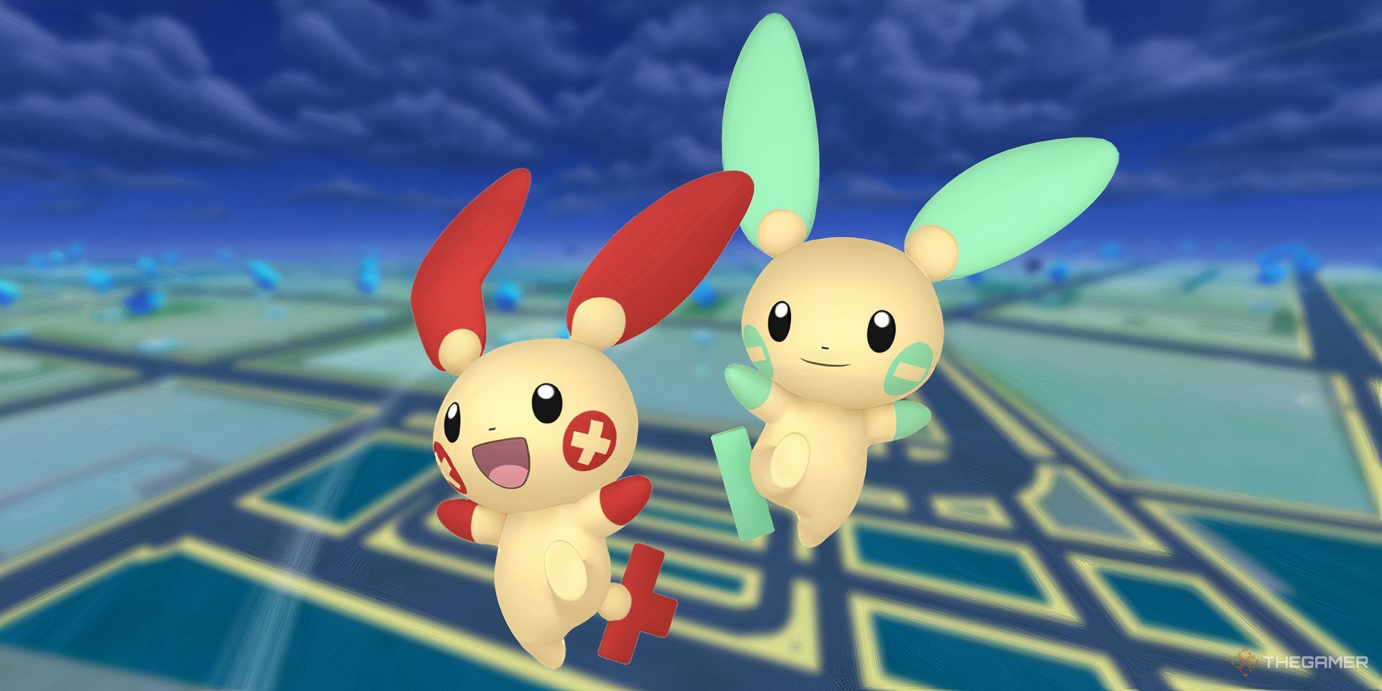 Image of both Shiny Plusle and Shiny Minun with the Pokemon Go map as the background.