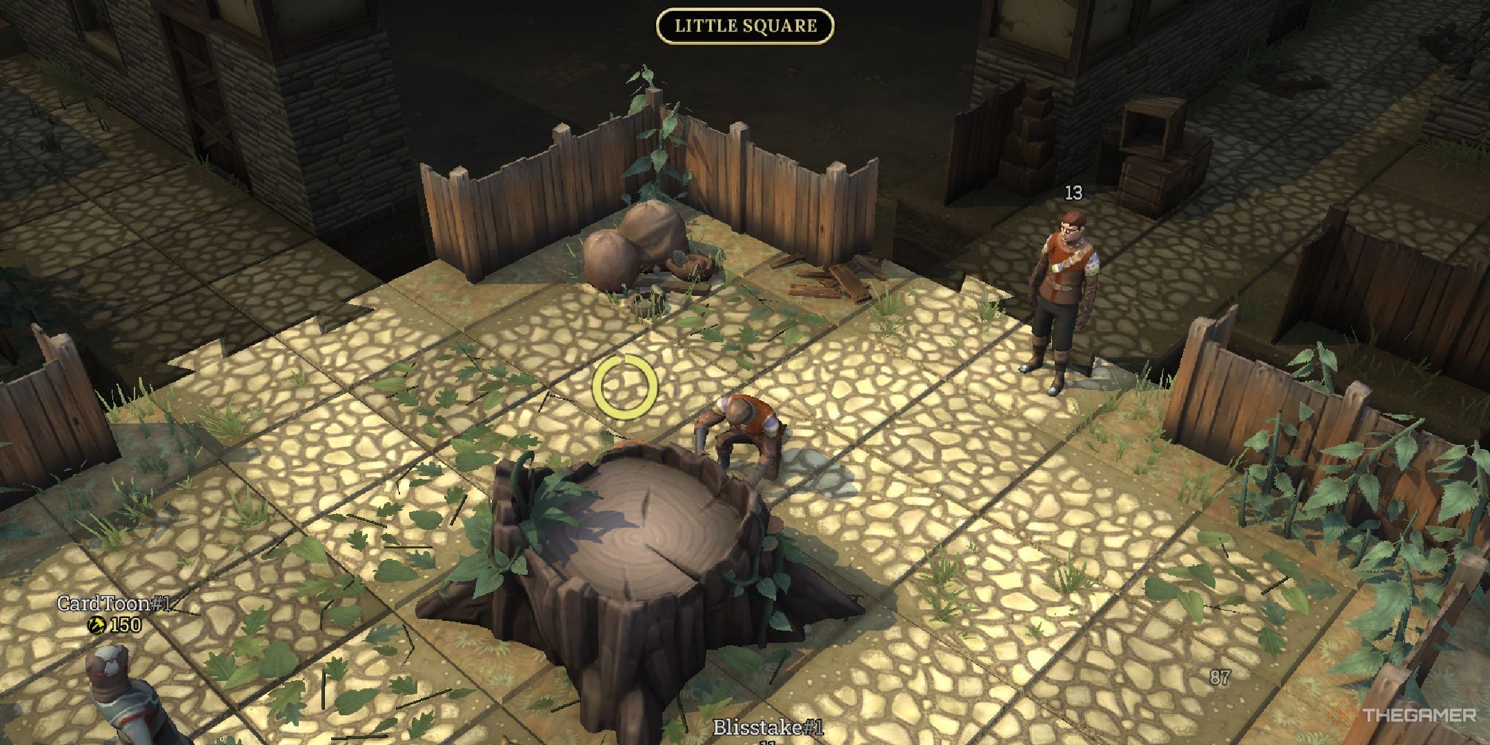 A player foraging at a tree stump.