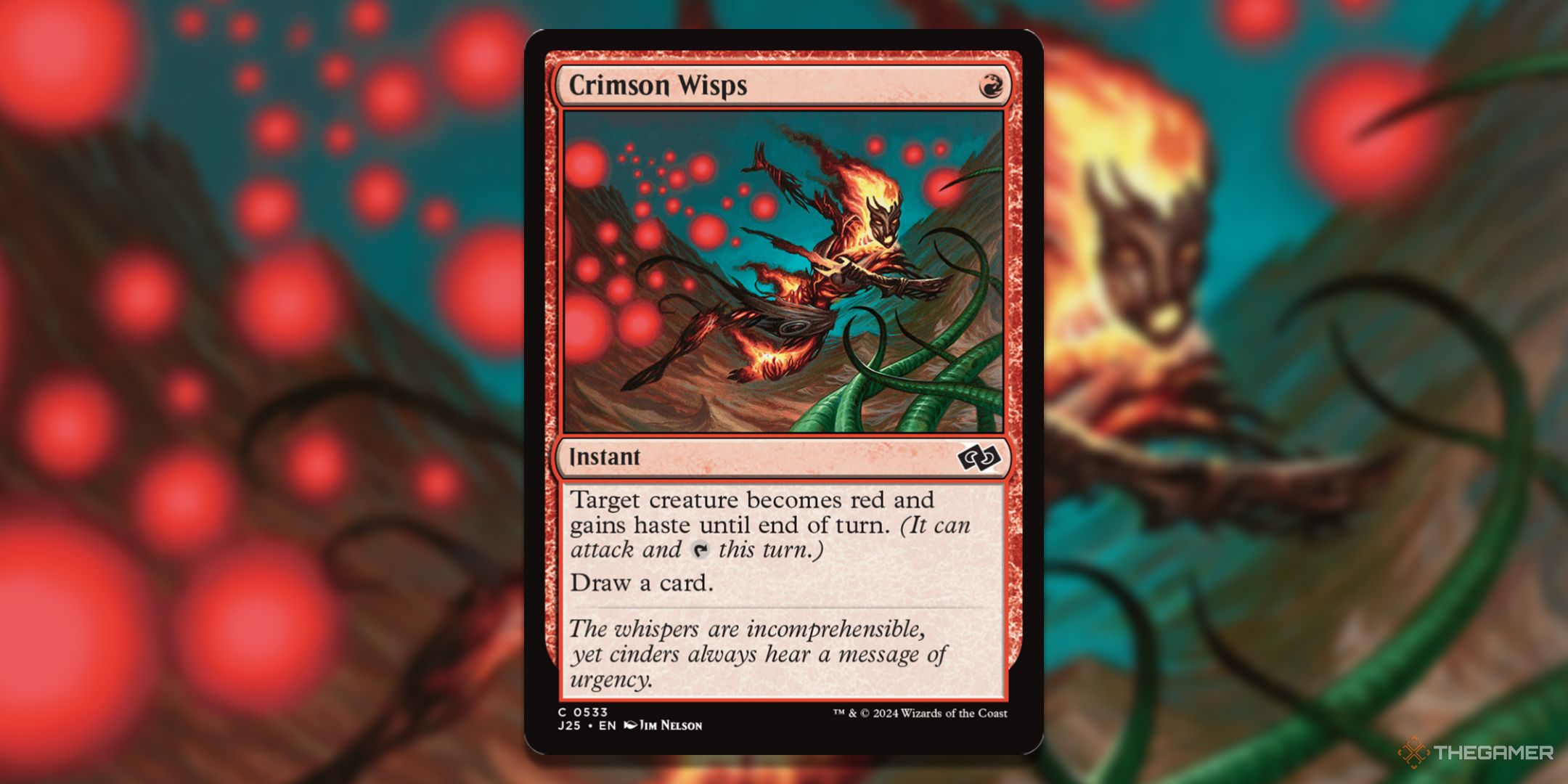 MTG Crimson Wisps card with the art in the background.