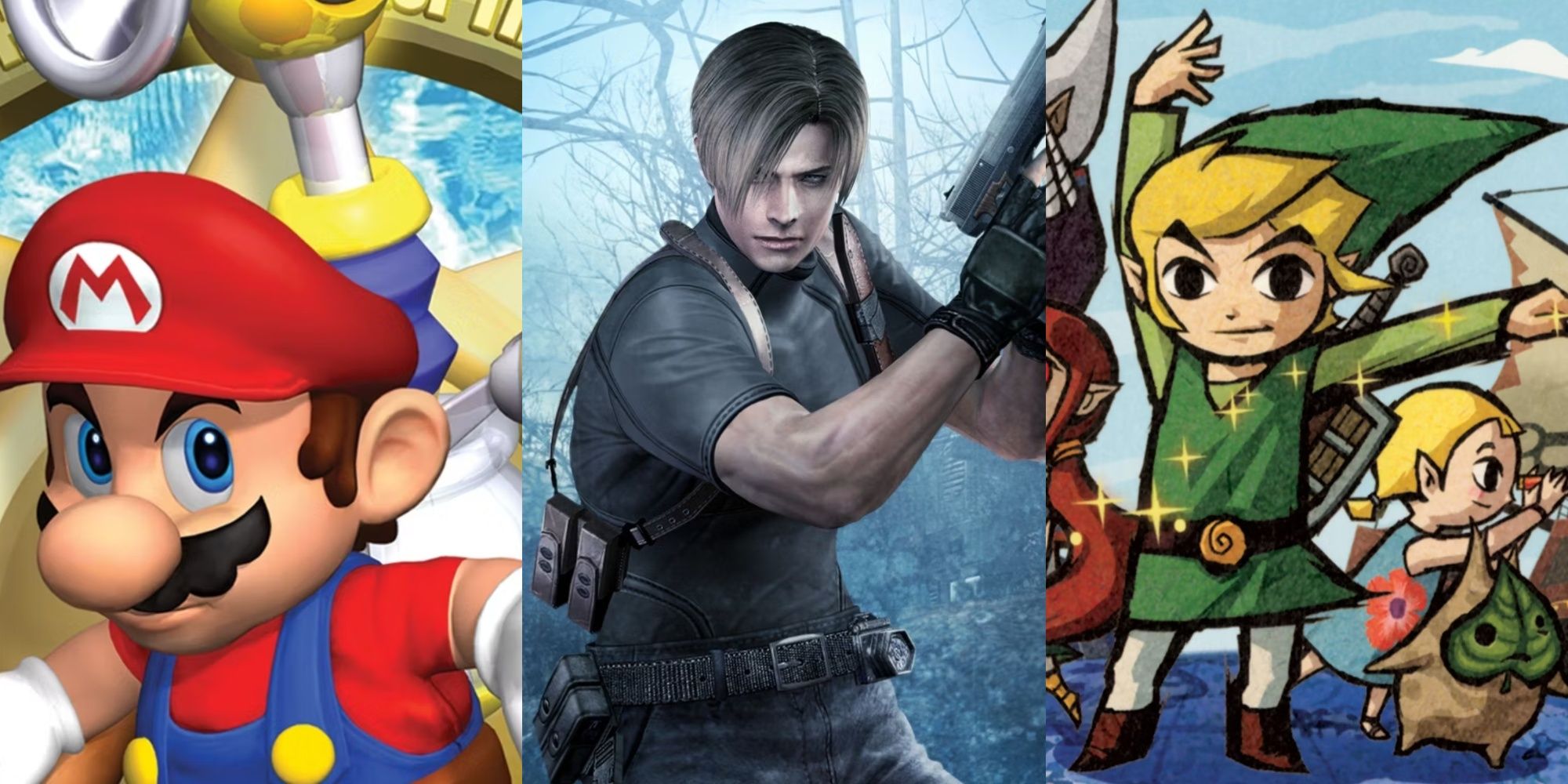 Box art for Super Mario Sunshine and Resident Evil 4, and artwork for The Legend of Zelda Wind Waker