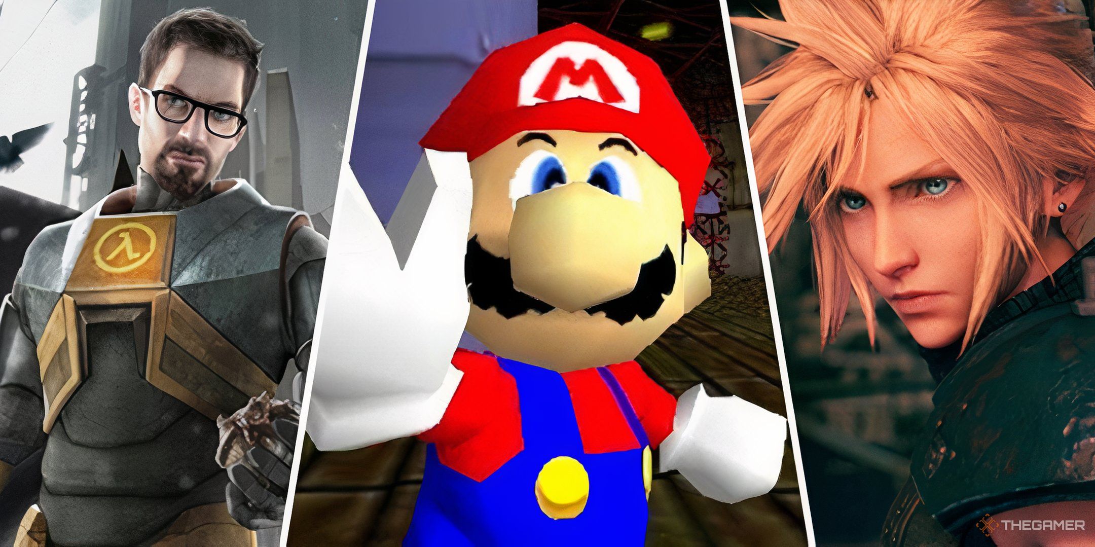 Split images of Half-Life, Mario, and Cloud Strife