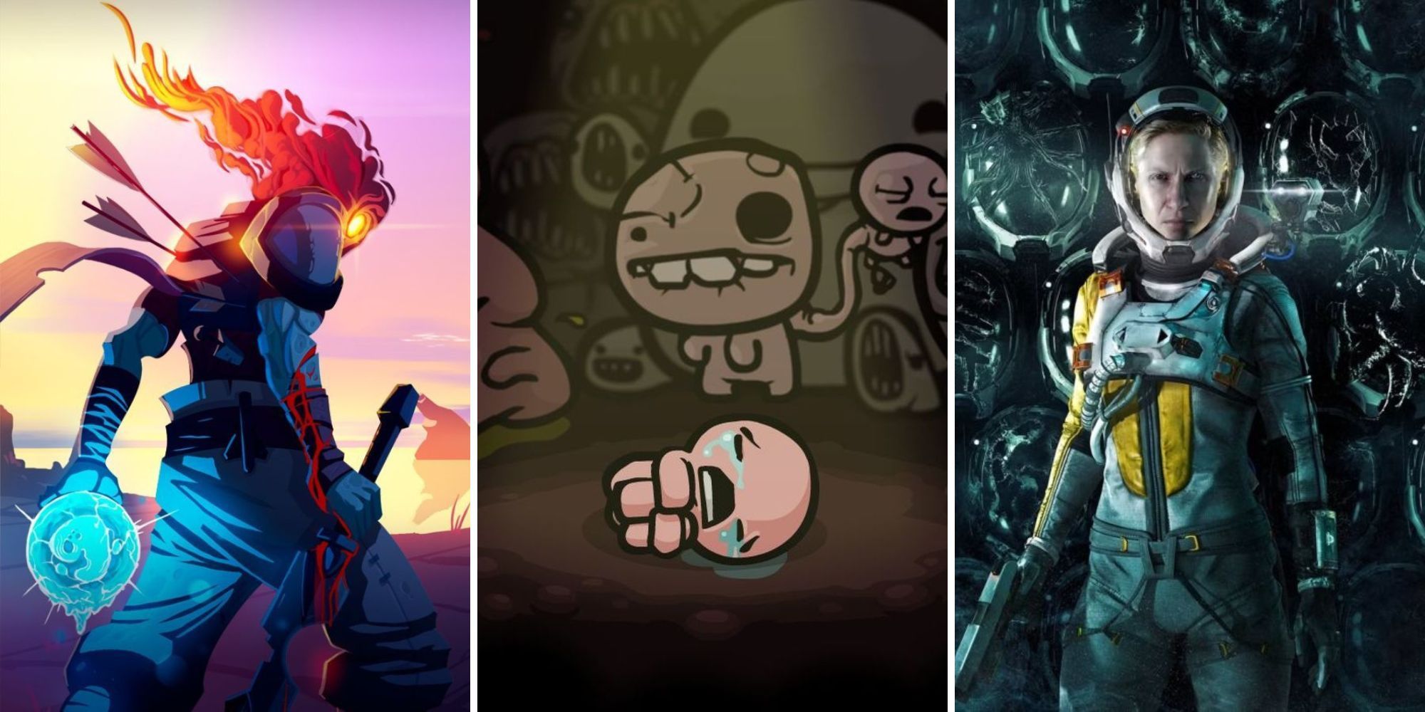 A grid showing the roguelike games Dead Cells, The Binding of Isaac, and Returnal on PS5