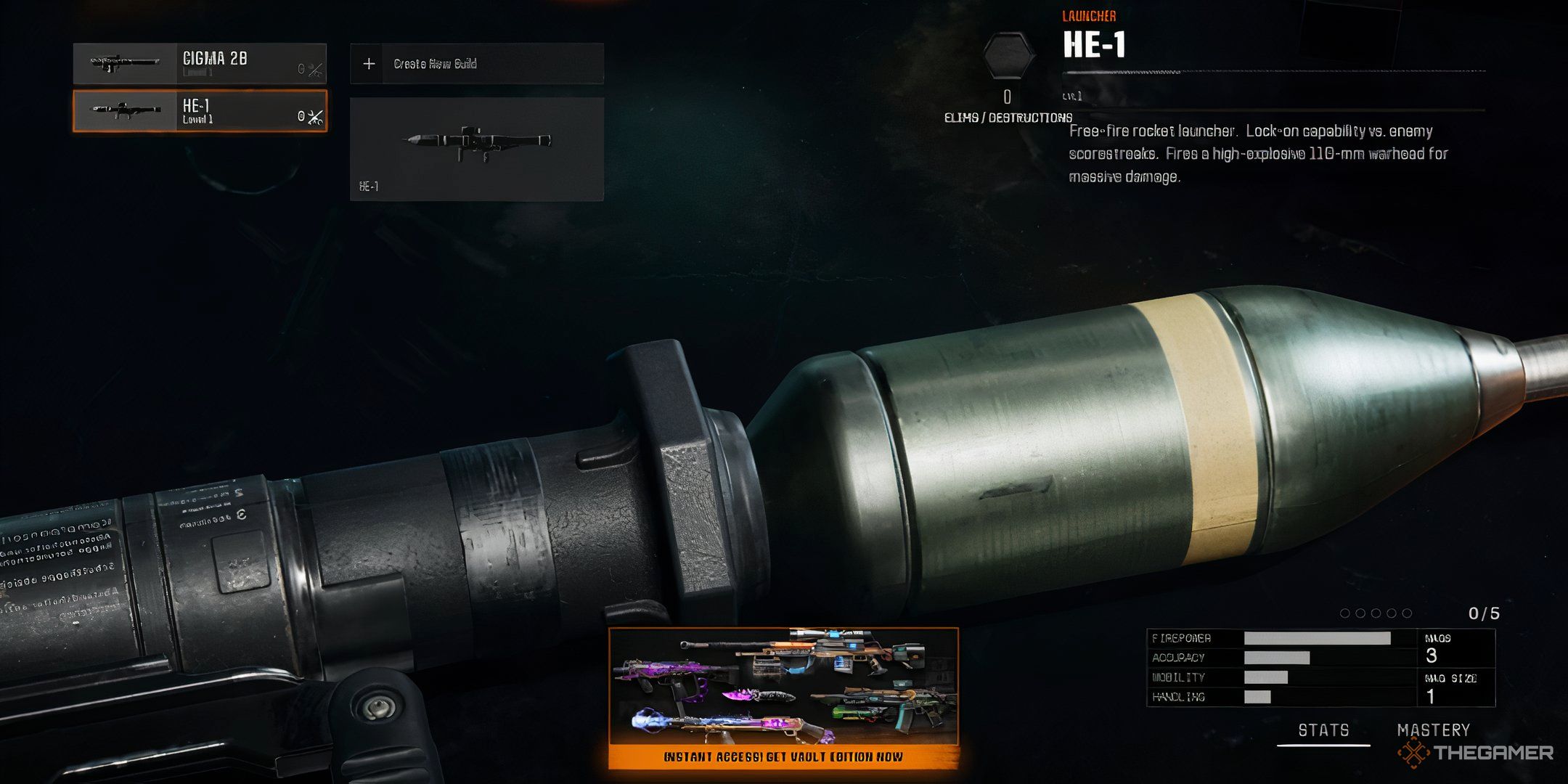 Showcasing the HE-1 in Call of Duty Black Ops 6's Secondary Weapons Menu.