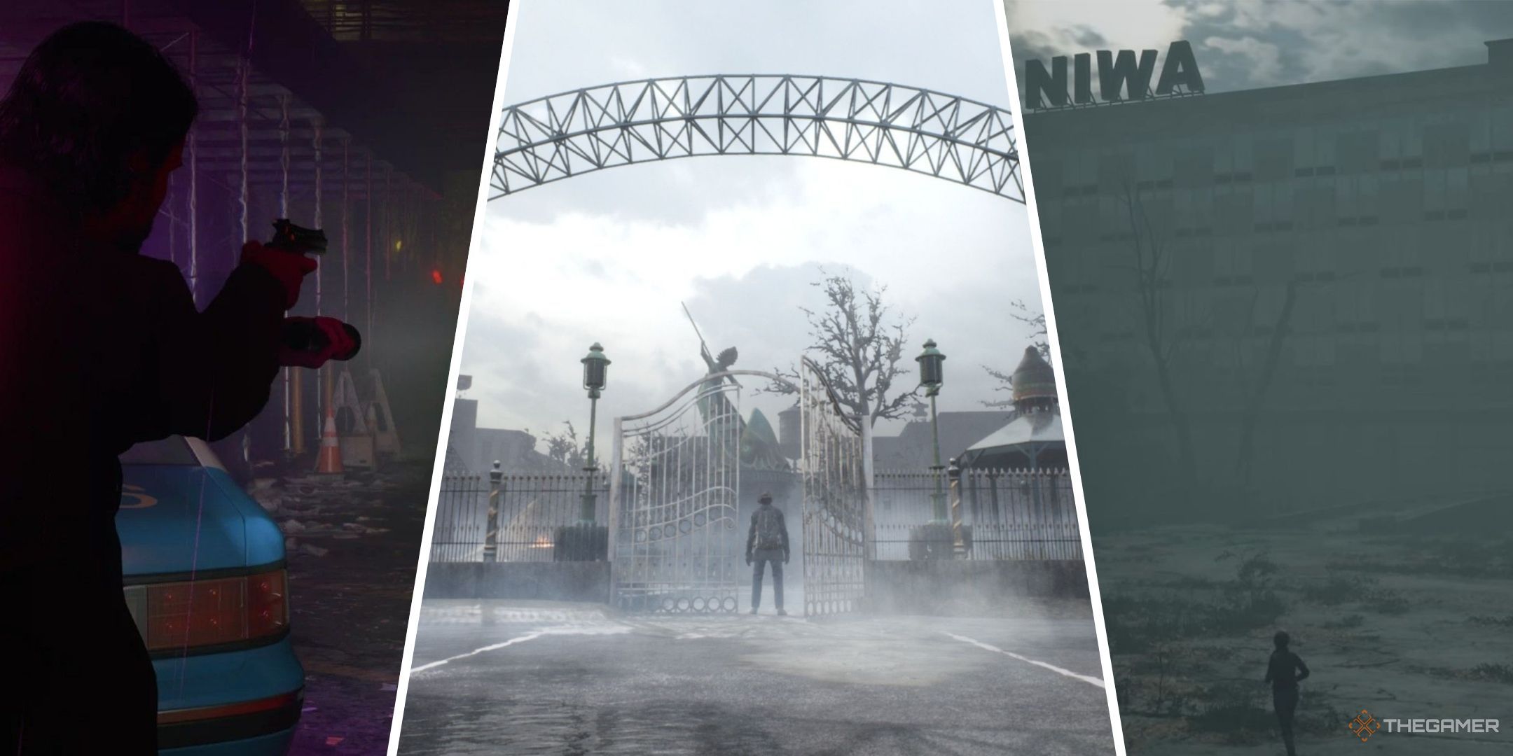 Games To Play If You Like The Silent Hill Series New Feature Image With Alan Aiming At Shadows By A Police Car In Alan Wake 2, The Sinking City's Protagonist Surrounded By Fog, And Marianne Running Through The Fog.