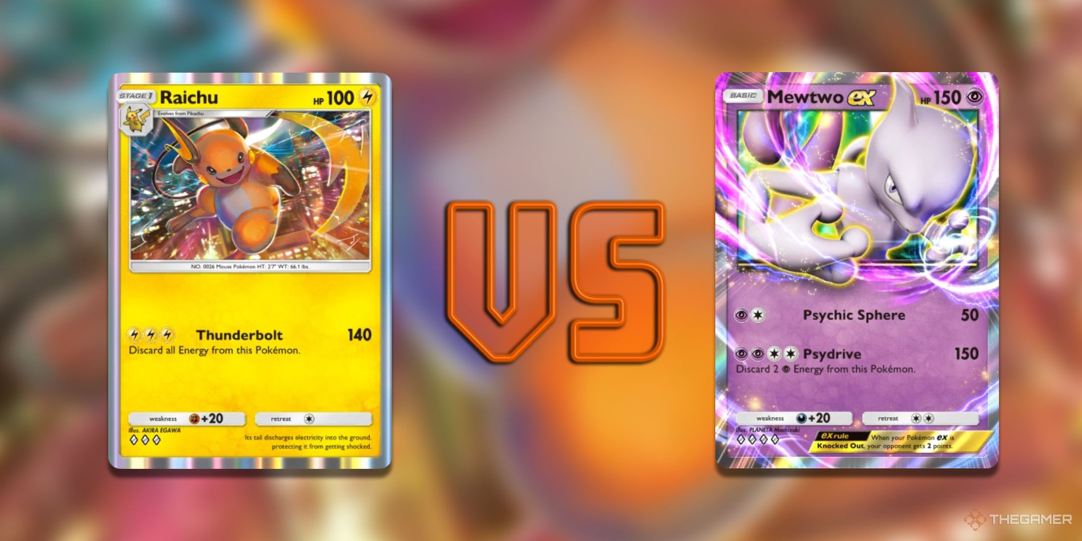 A Single Point Raichu card vs a Double Point Mewtwo ex card from Pokemon TCG Pocket.