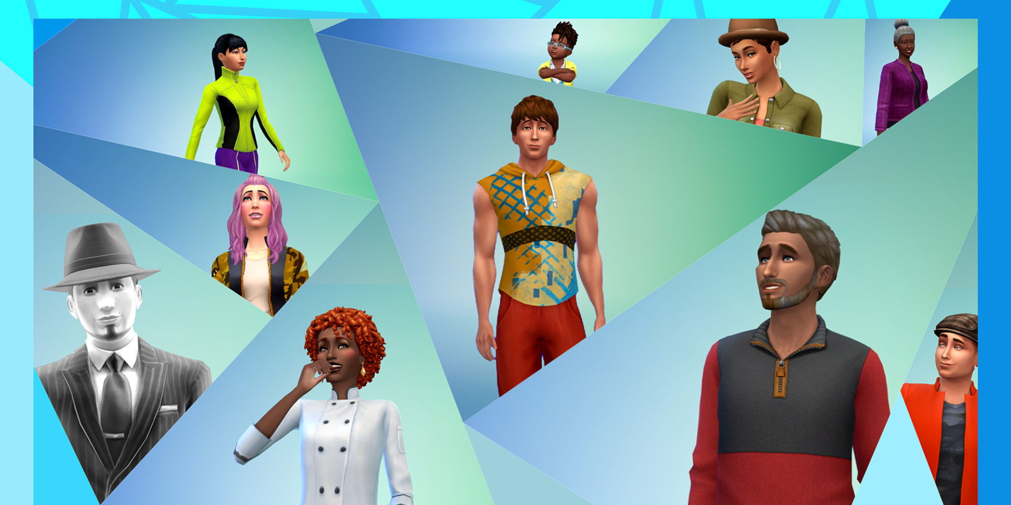 A diverse group of Sims characters showcases the variety of personalities, styles, and customization options in The Sims 4.