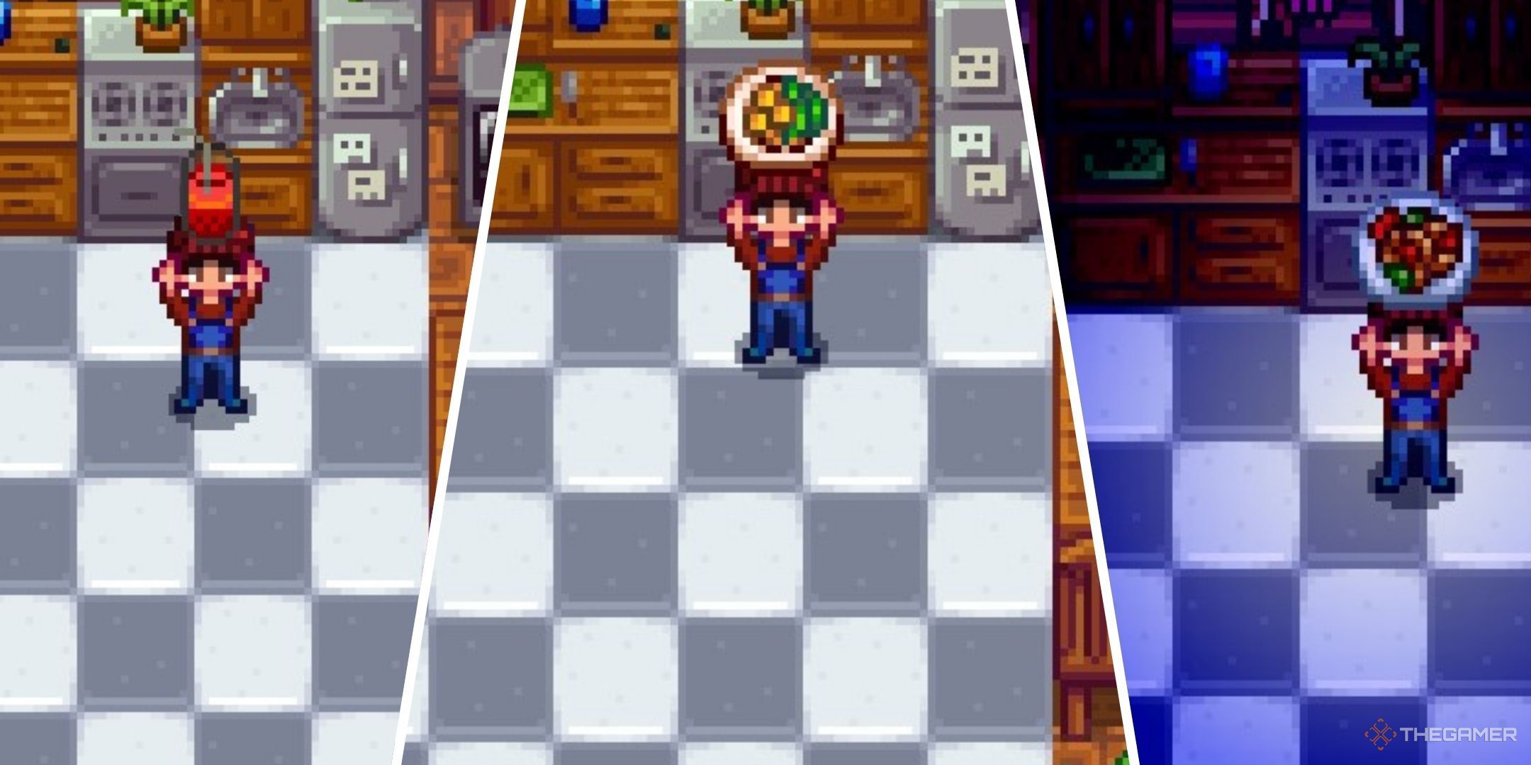 Split images of Stardew Valley farmer holding up meals