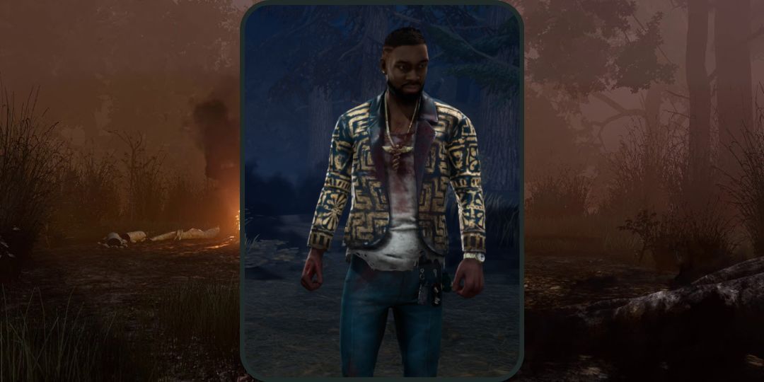 Adam Francis wears a white shirt with a golden jacket, with a snake necklace, in Dead by Daylight.