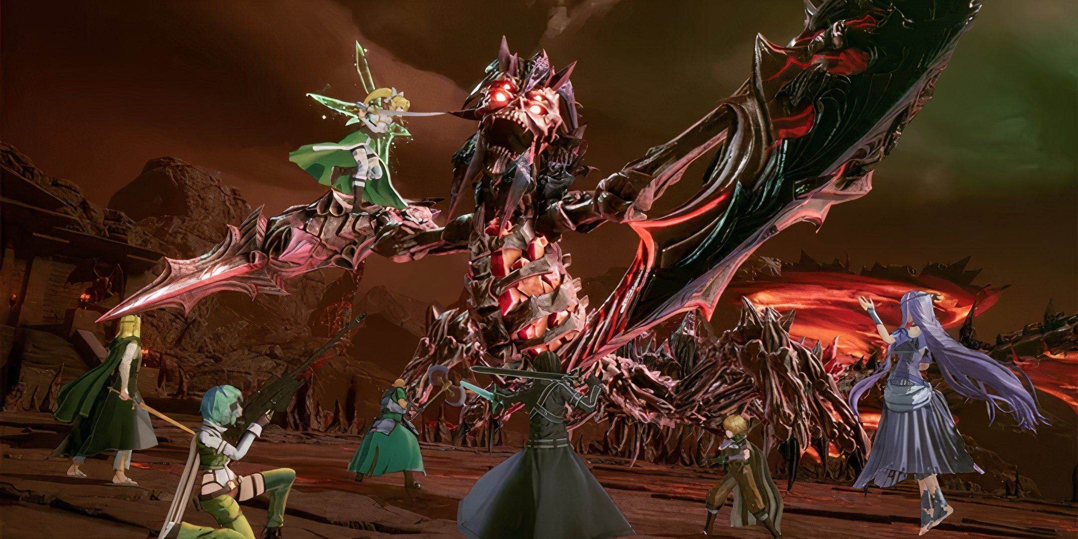 Characters of the game Sword Art Online Fractured Daydream fighting a high difficulty boss in a raid.