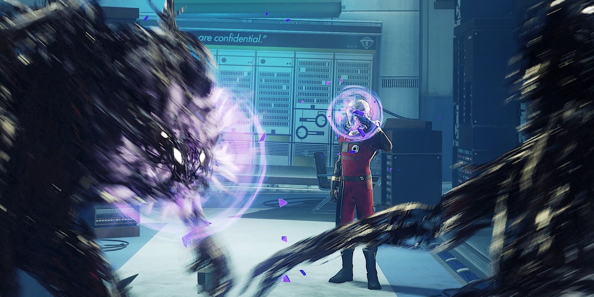 The player character in Prey uses energy to dispatch an alien.