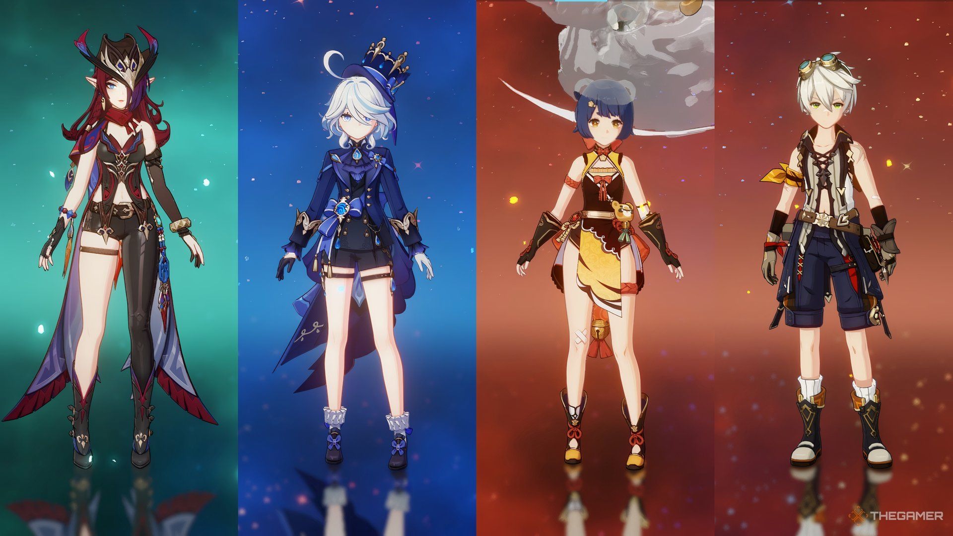 Chasca, Furina, Xiangling, and Bennett from left to right in Genshin Impact.