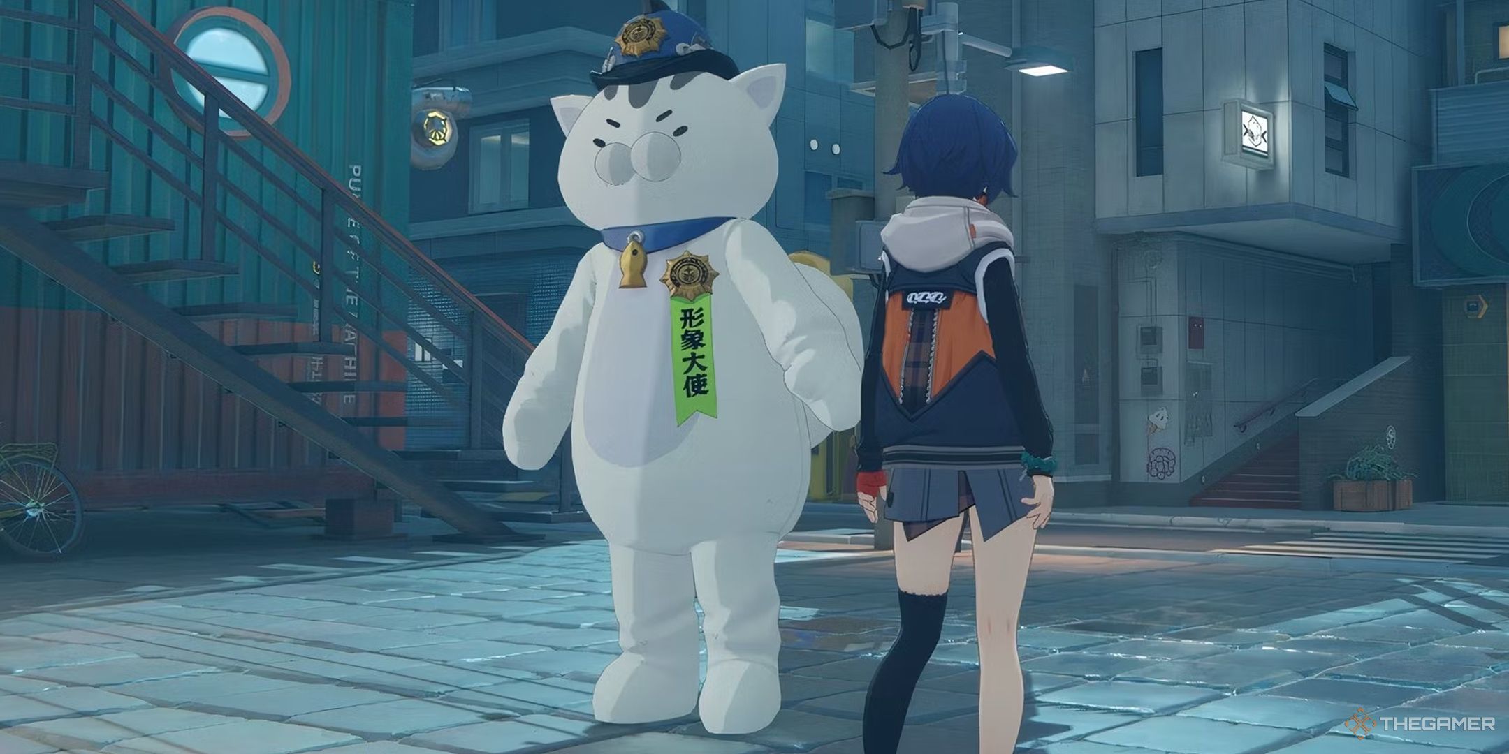 Officer Mewmew, a cop in a large cat mascot costume, with a Proxy in Zenless Zone Zero.