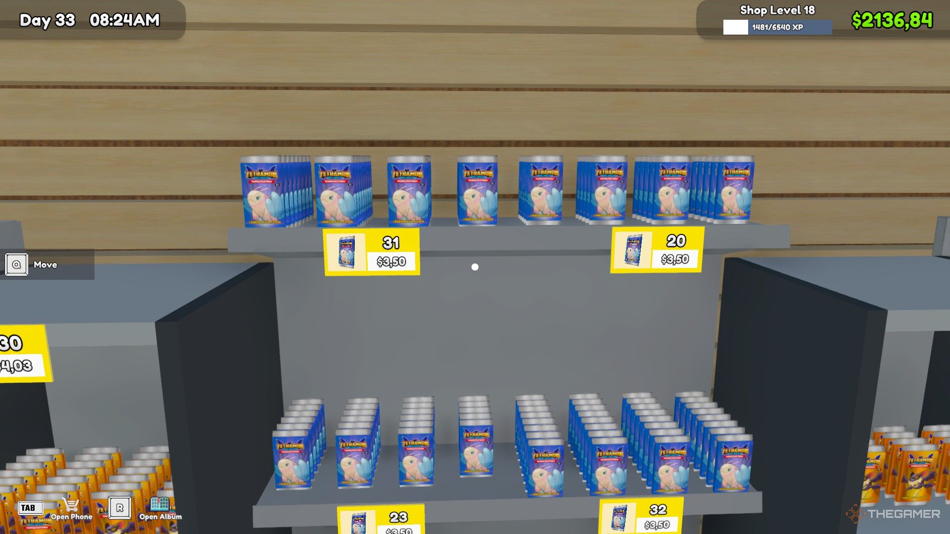 The player is standing in front of a shelf filled with basic booster cards in TCG Card Shop Simulator.