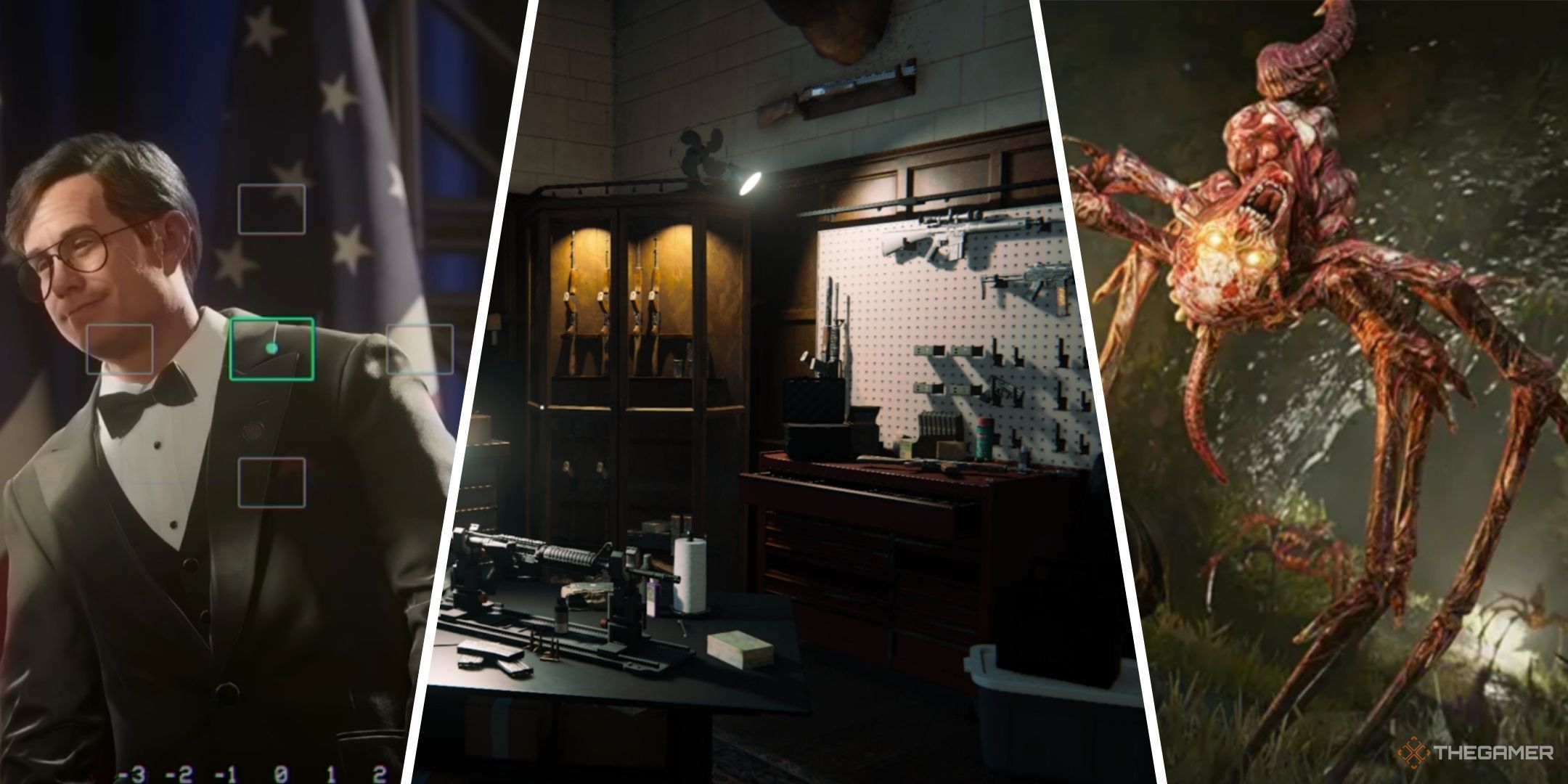 Things We Wish We Knew Before Starting Call Of Duty Black Ops 6 Feature Image With A Senator In The Spy Camera Shot, The Weapons Bench at The Rook, and a spider zombie.