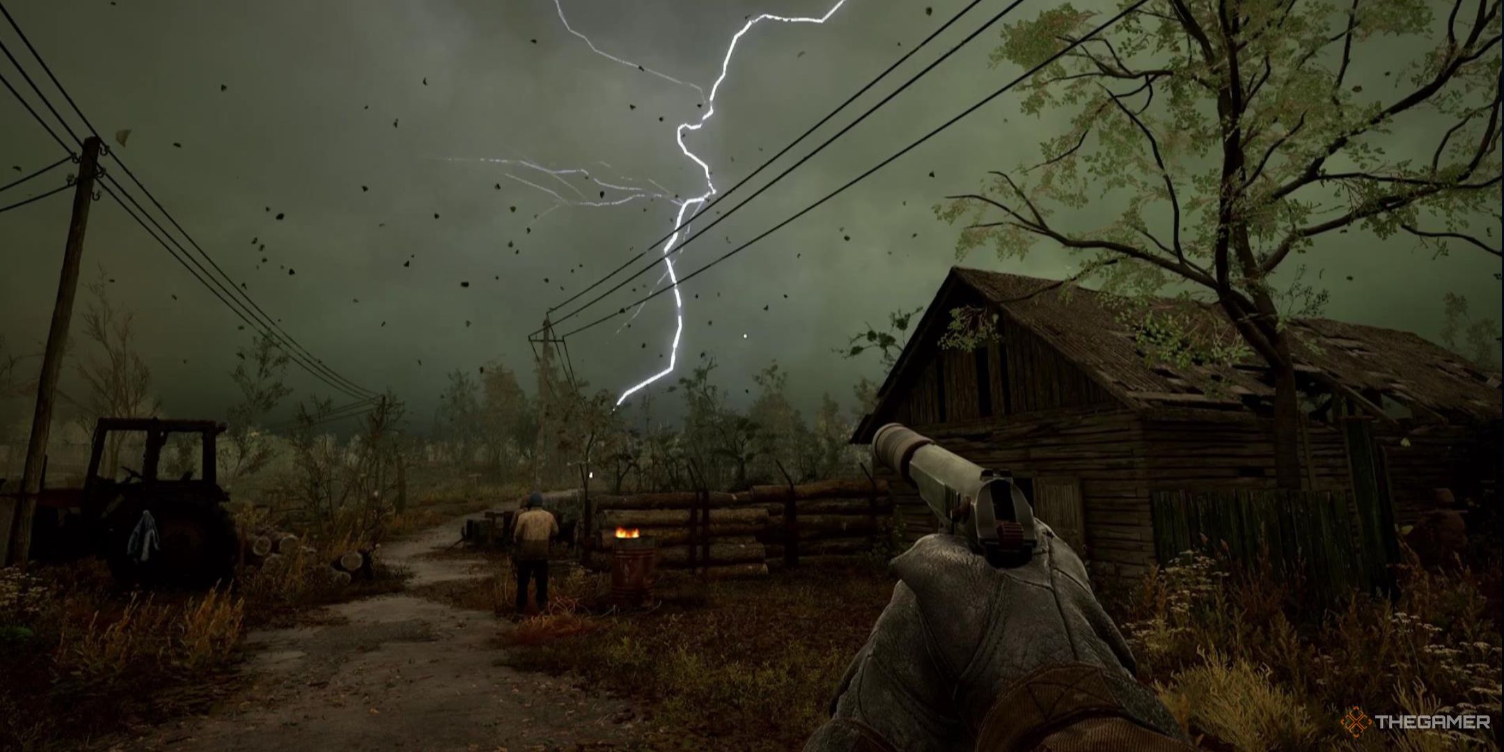 The player holds a pistol with a suppressor, looking into the distance at a lightning strike in Stalker 2.