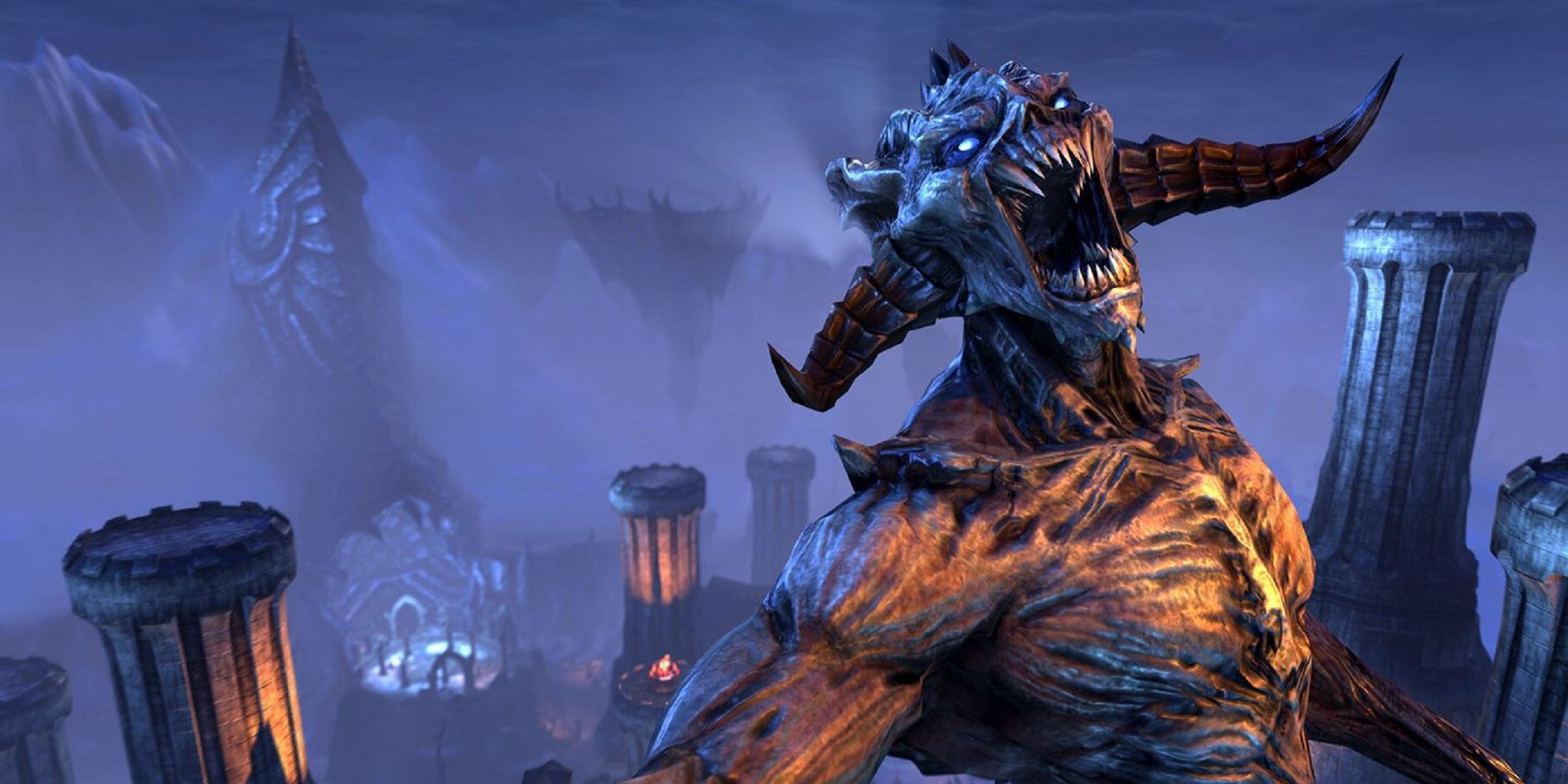 Daedra roars with mountains and towers in the background in The Elder Scrolls Online