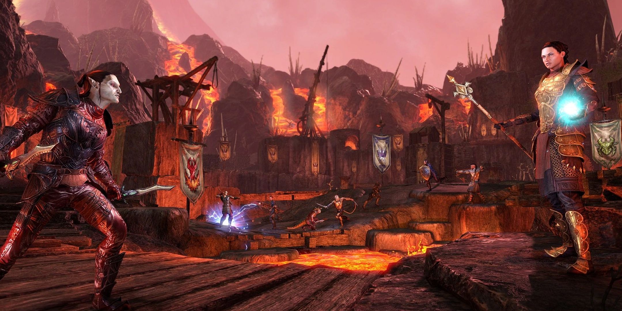 The Elder Scrolls Online two characters in the midst of a volcano staring at each other while a battle rages behind them.