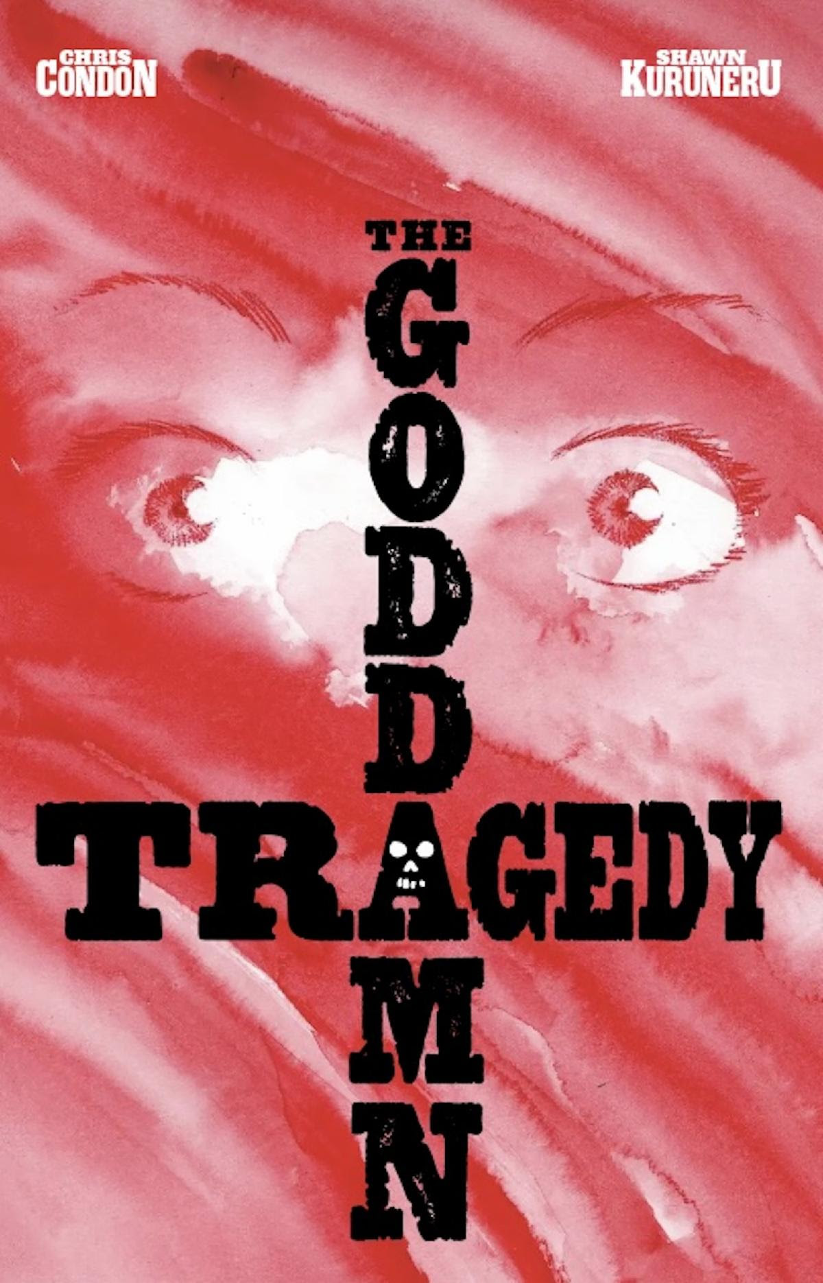 Promo art from The Goddamn Tragedy showing some scared eyes on a red background.