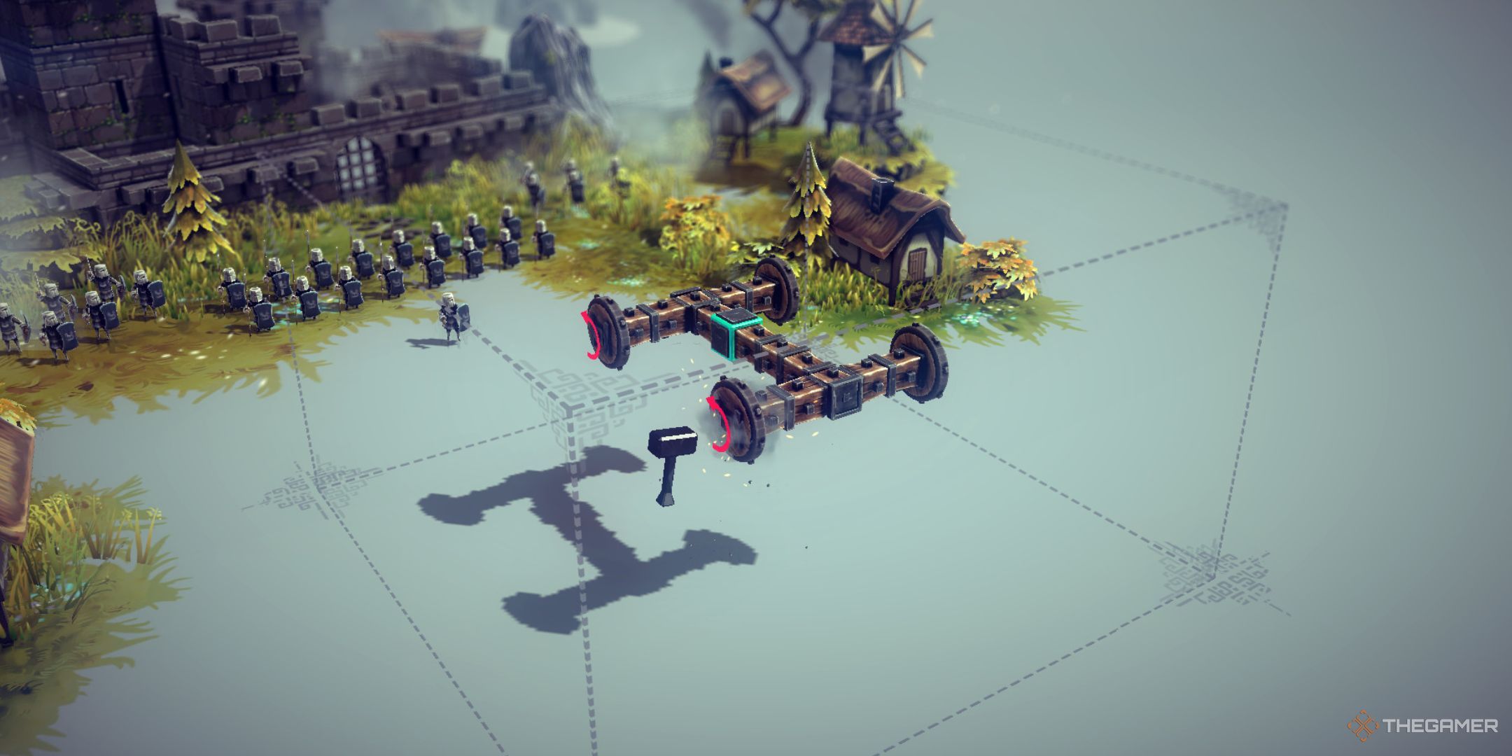 A building mode view in Besiege, showing a rudimentary wooden chassis with four wheels.