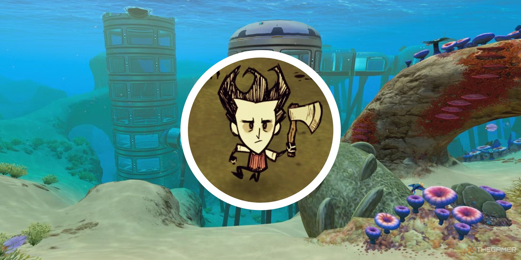 A background image showing an underwater base in Subnautica with a circle PNG on top showing a player from Don't Starve.