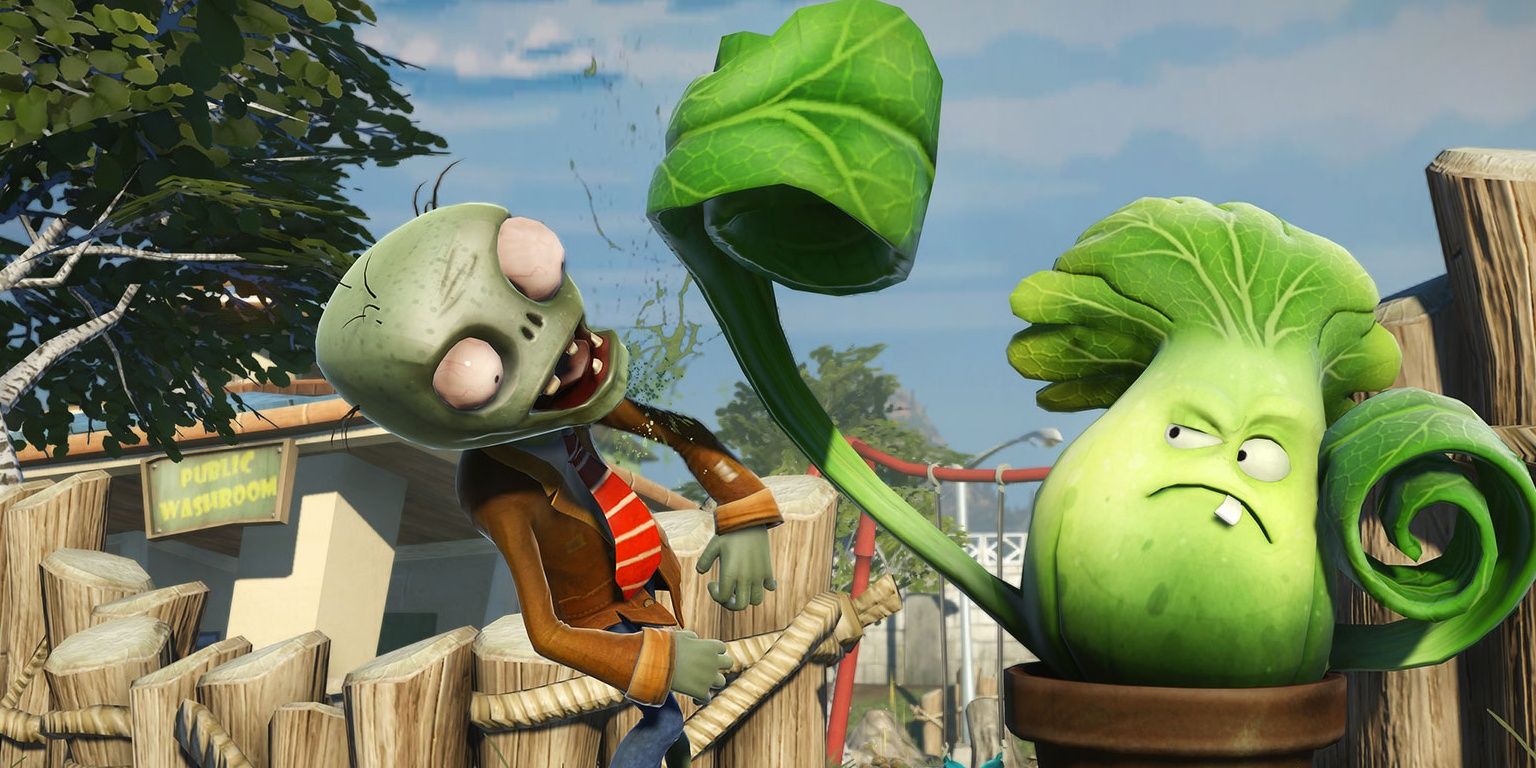 Plants vs Zombies Garden Warfare promo image of a plant punching a zombie.