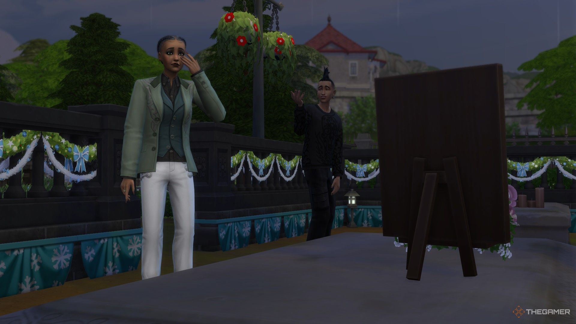 Olive Specter mourning a grave on Winterfest with Nyon in the background in The Sims 4 Life and Death.