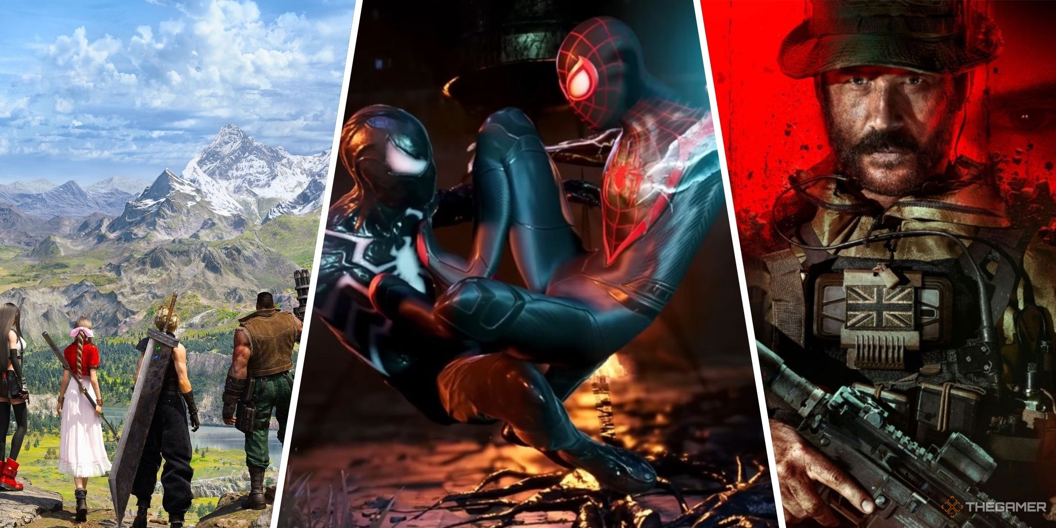 A Collage Of Characters Overlooking Mountains In Final Fantasy 7 Rebirth, Peter And Miles Fighting In Marvel's Spider-Man 2, And Price On The Cover Of Modern Warfare 3.