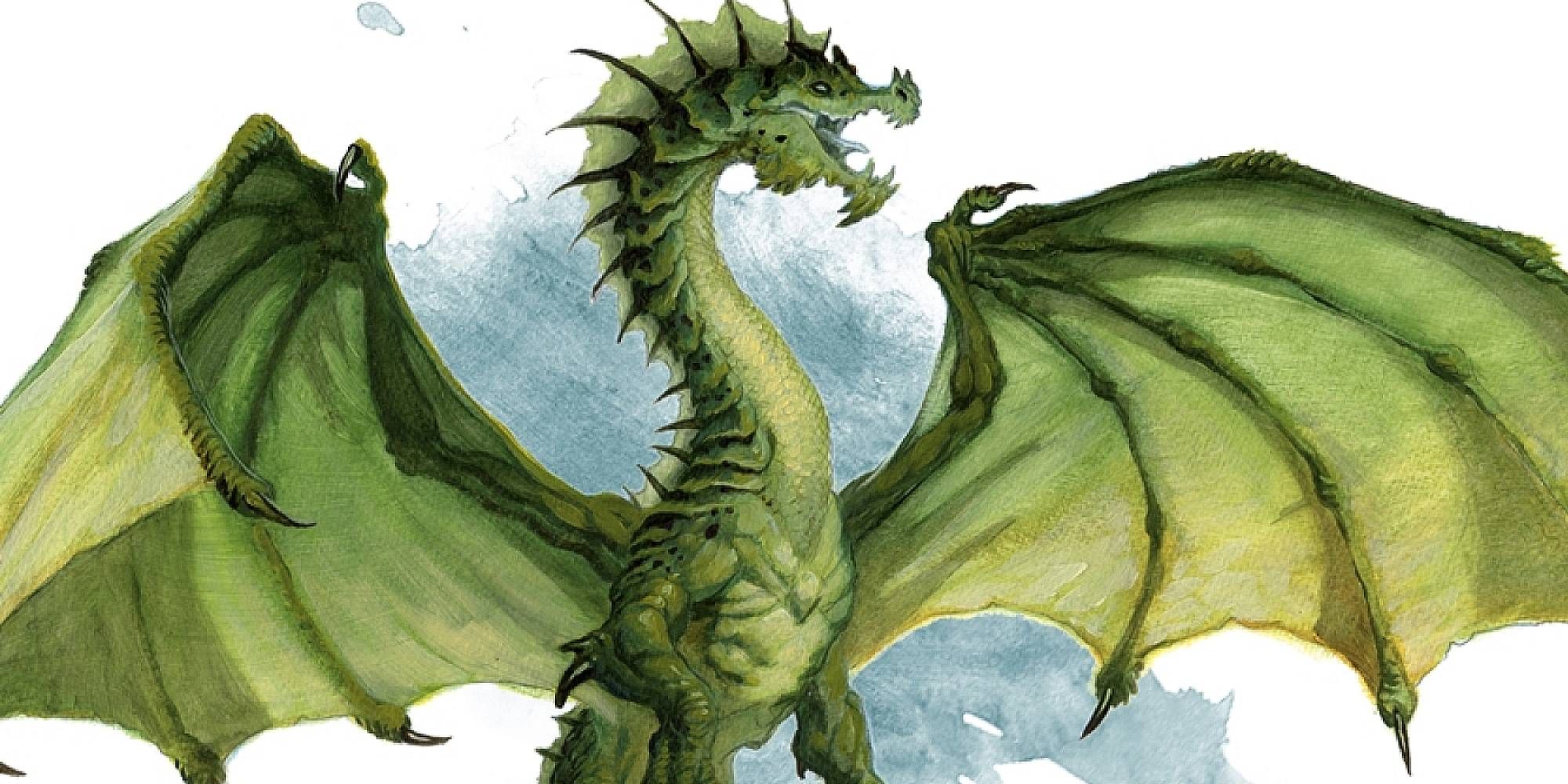 Dungeons & Dragons image showing A green scaled dragon splays its wings as it rears its head.