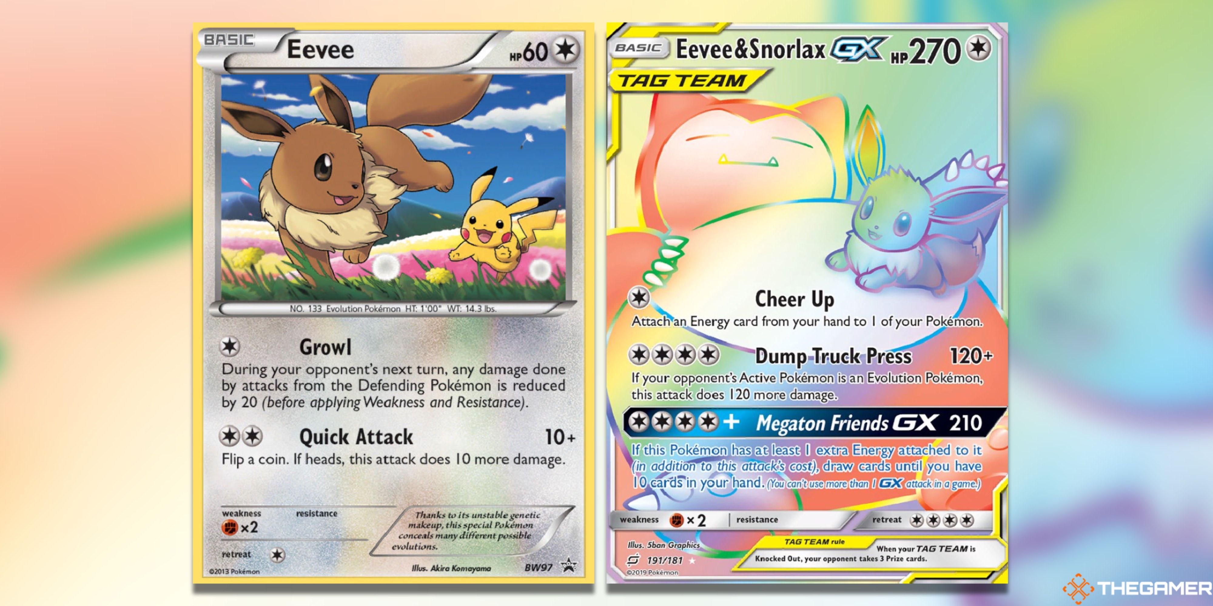 The Eevee Black and White Promo and the Eevee & Snorlax GX Secret Rare from Team Up in the Pokemon TCG.