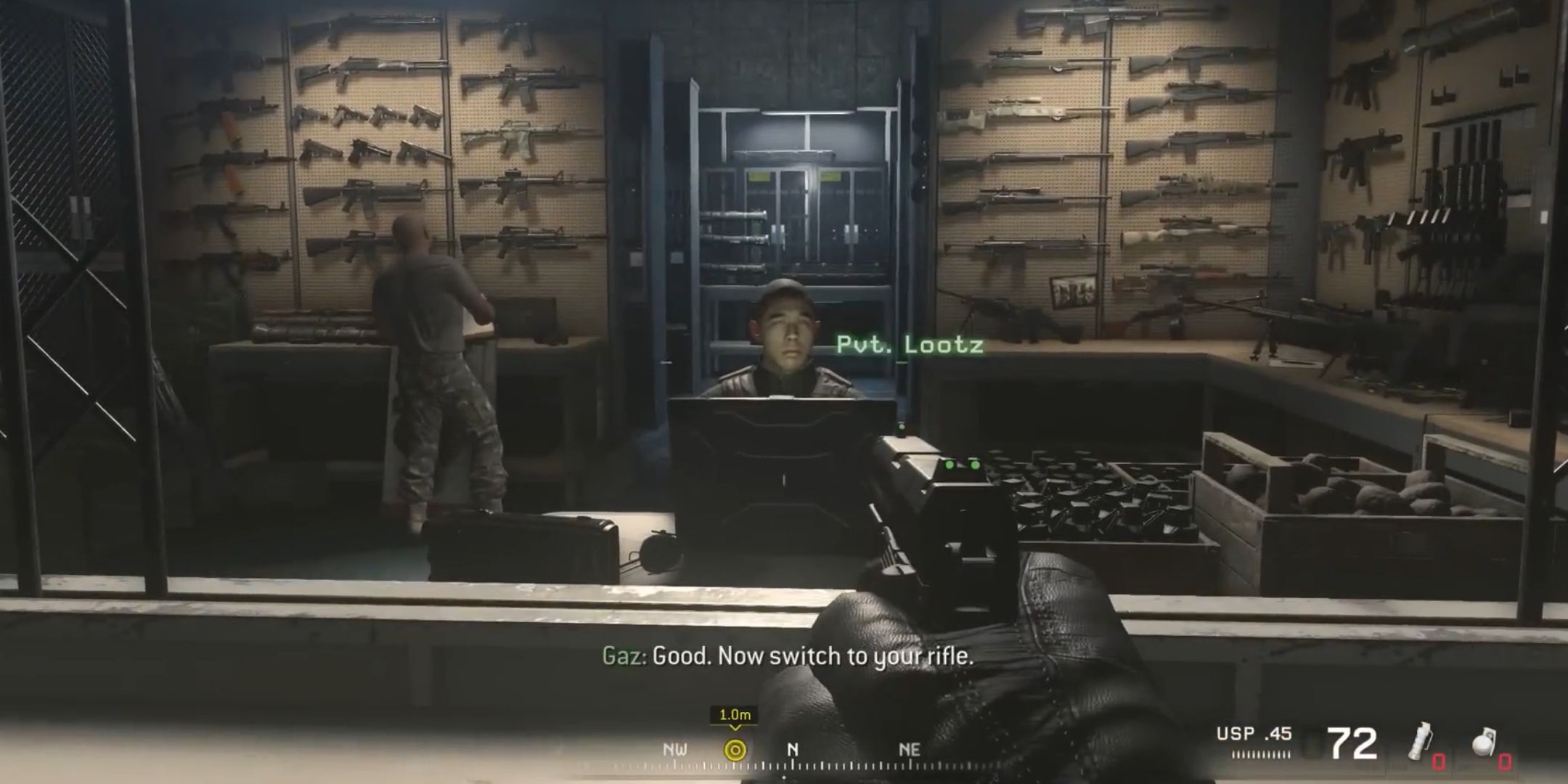 Call of Duty 4 Modern Warfare remastered screenshot of player aiming pistol at Pvt. Lootz during training.