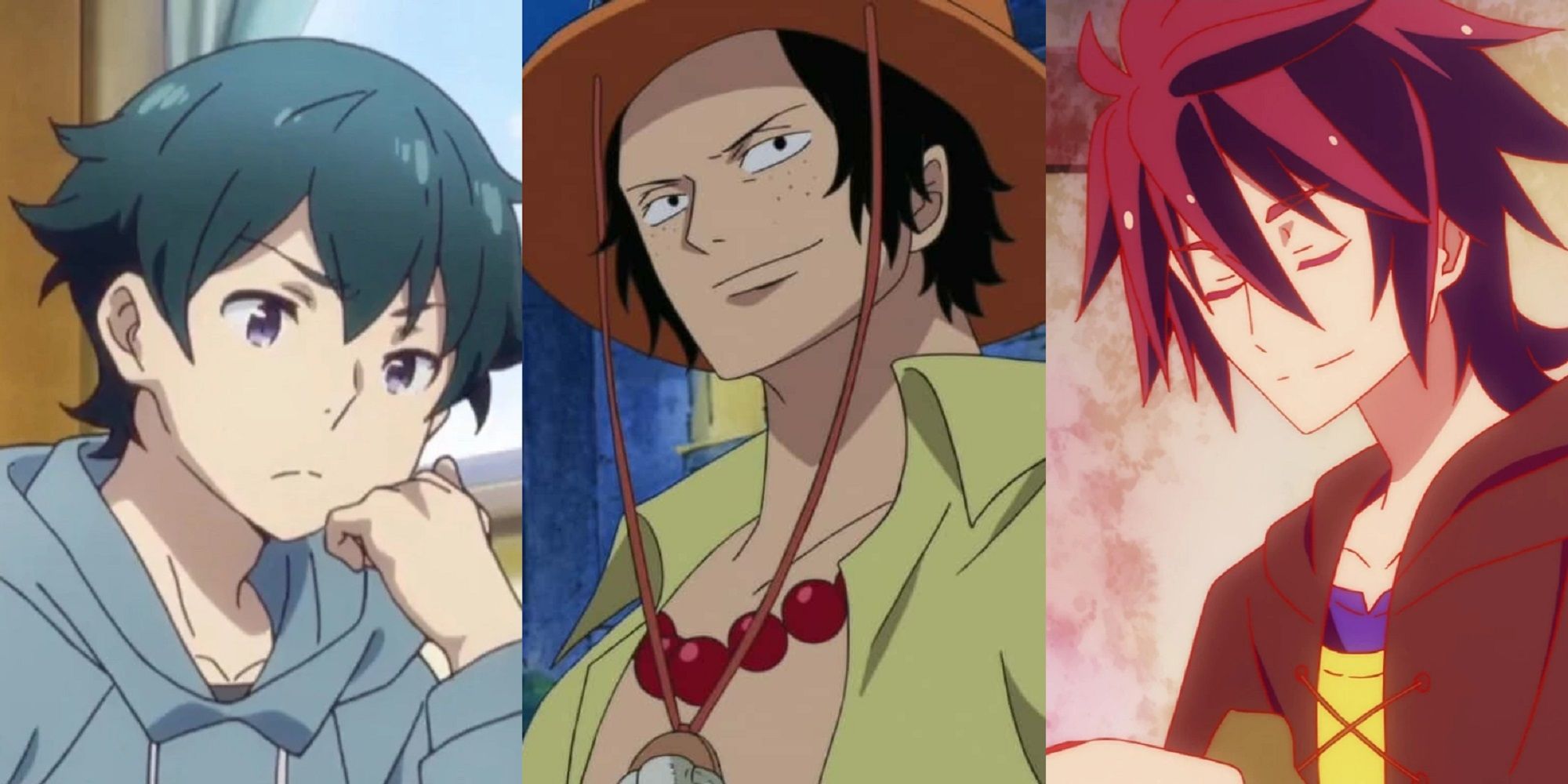 Split image of Masamune Izumi from Eromanga Sensei, Portgas D. Ace from One Piece, and Sora from No Game No Life