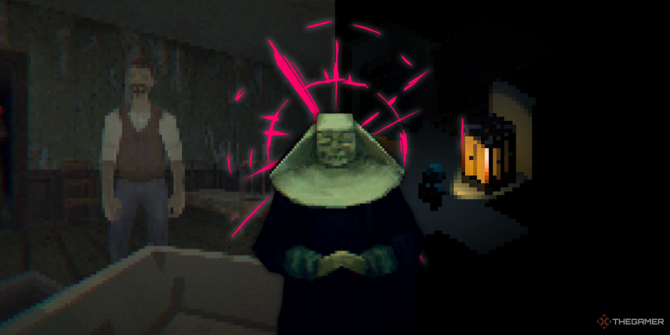 A nun with their hands together with a red symbol, a man in a brown vest and white shirt, and a flashlight pointed at an object in a room behind them.