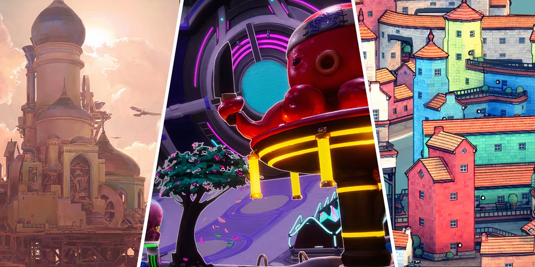 Your kingdom in Airborne Kingdom, a neon structure with an octopus on it in Spacebase Startopia, and different colorful buildings in Townscraper. 