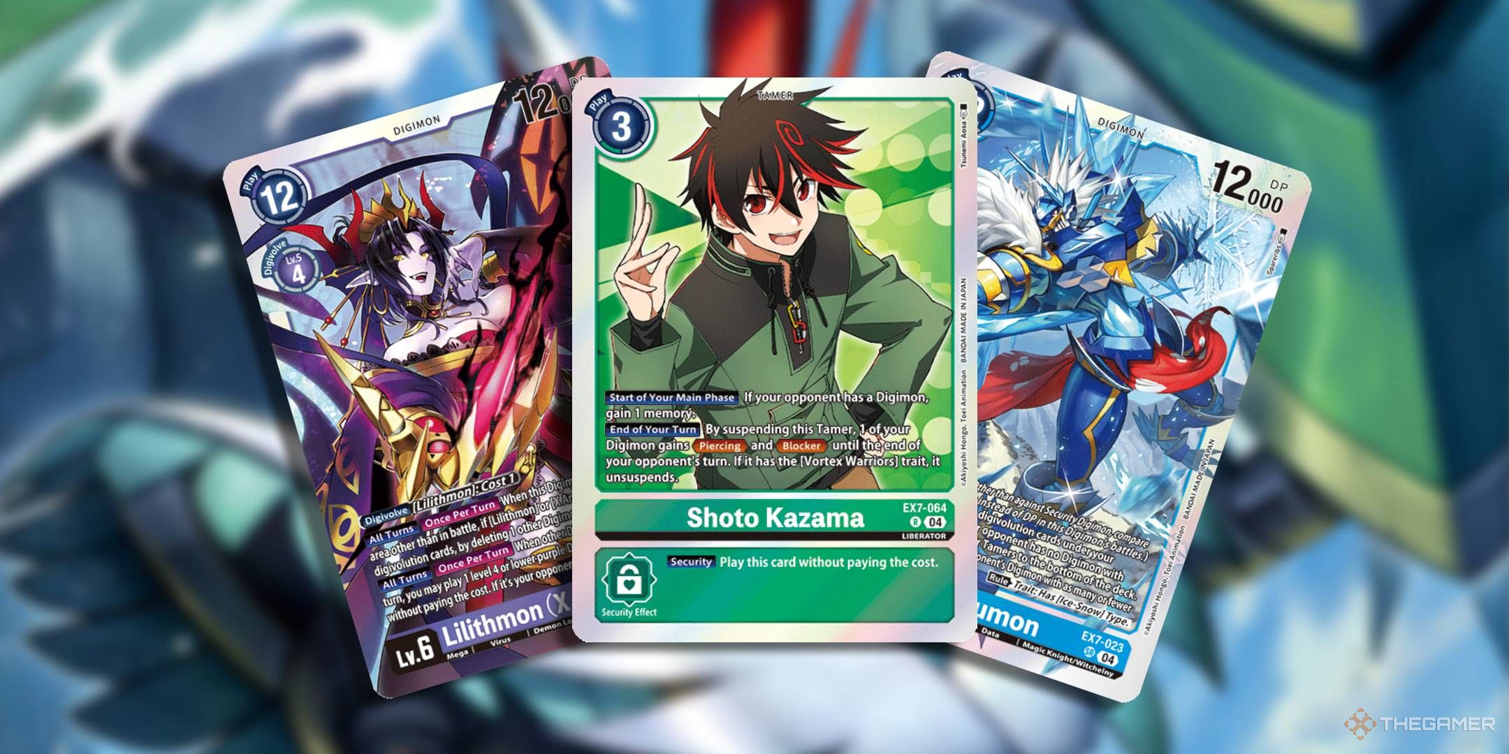 Shoto Kazama, Lilithmon X Antibody and Hexeblaumon cards fanned out with a Digimon Liberator background.