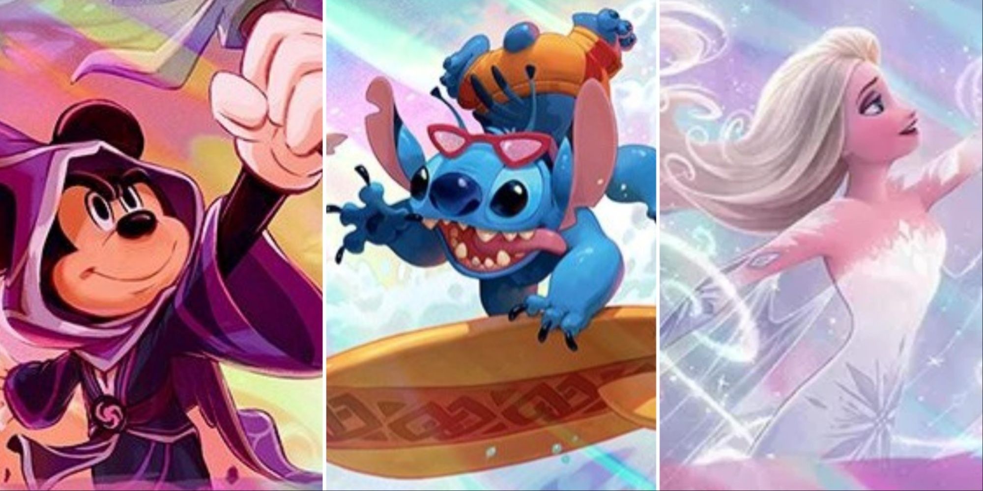 A collage showing the cards of Wizard Mickey, Stitch, and Elza.