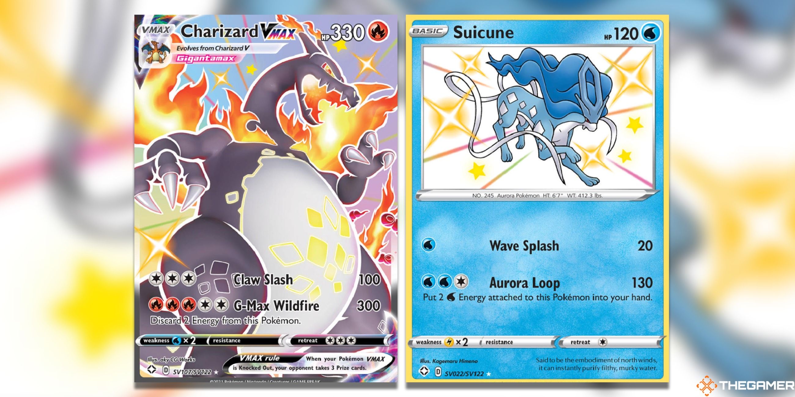 The Shining Fates shiny Charizard VMAX and shiny Suicune from the Pokemon TCG.