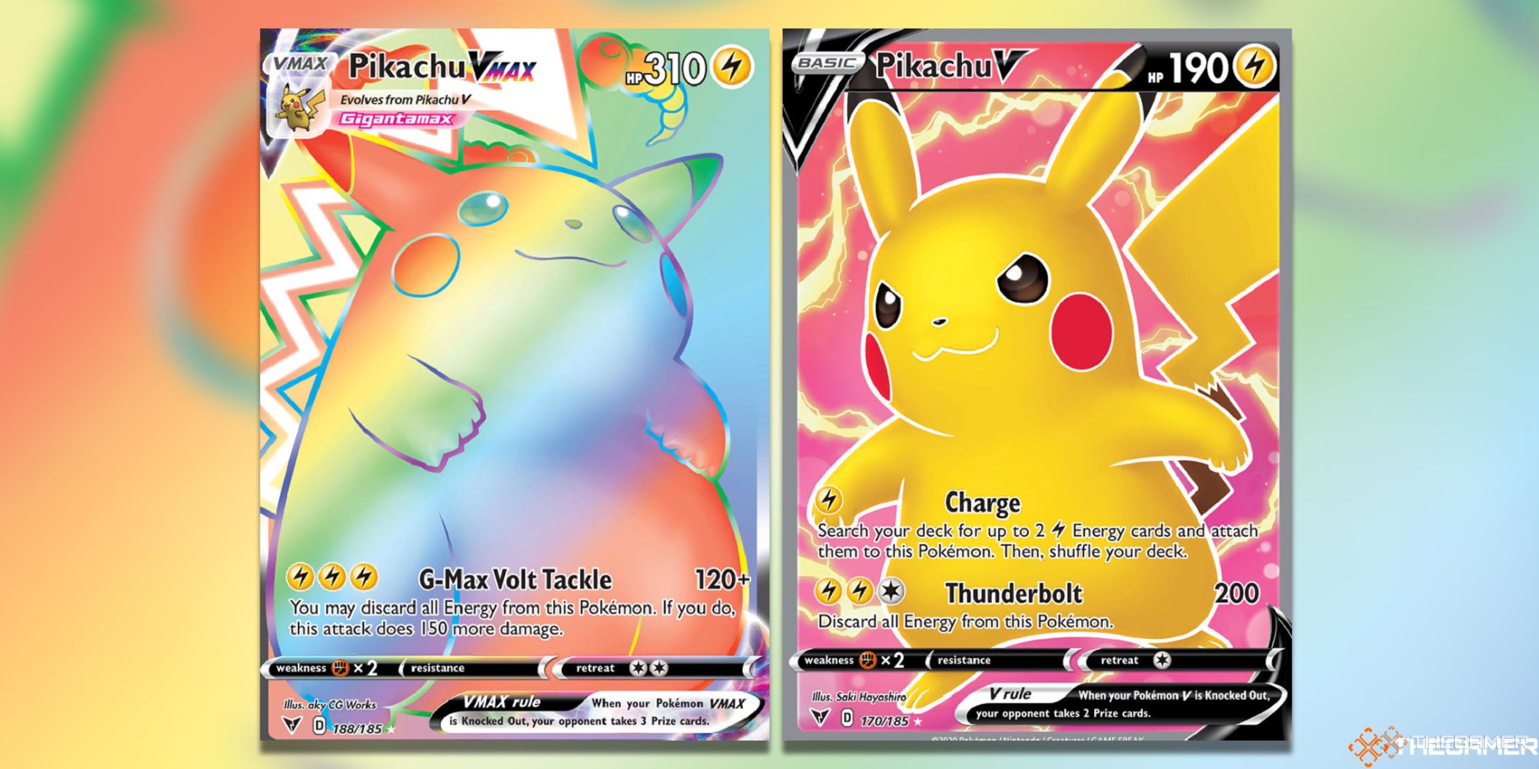 The Pikachu VMAX and Pikachu V card arts from Vivid Voltage in the Pokemon TCG.