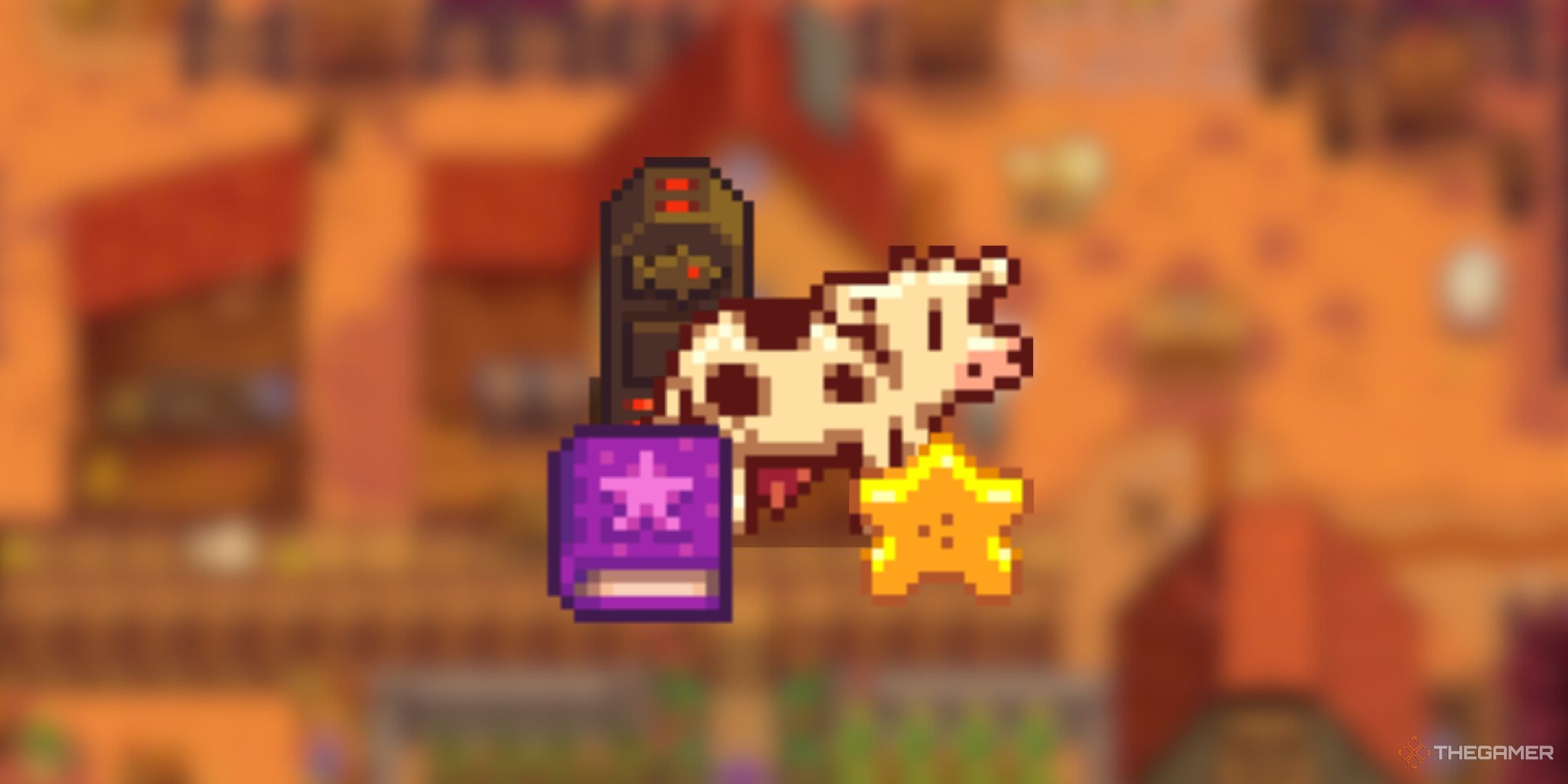 Stardew Valley fish smoker, cow, book of stars, and starfruit icons grouped together on a blurred background.