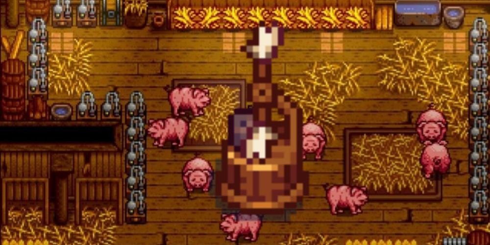 An Auto-Petter presented before a barn filled with pigs in Stardew Valley the video game.