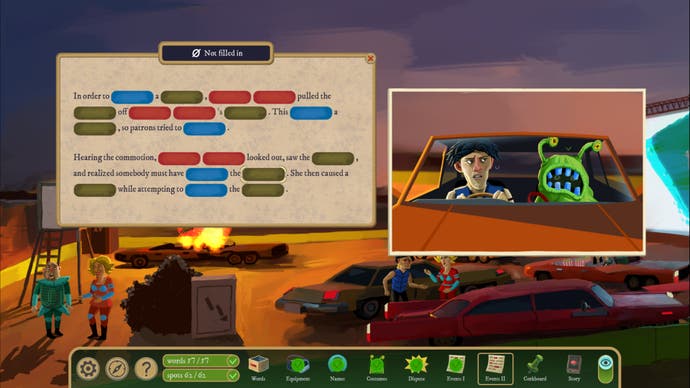 A man and an alien costume sit in a car, next to a puzzle panel, in The Rise of the Golden Idol.