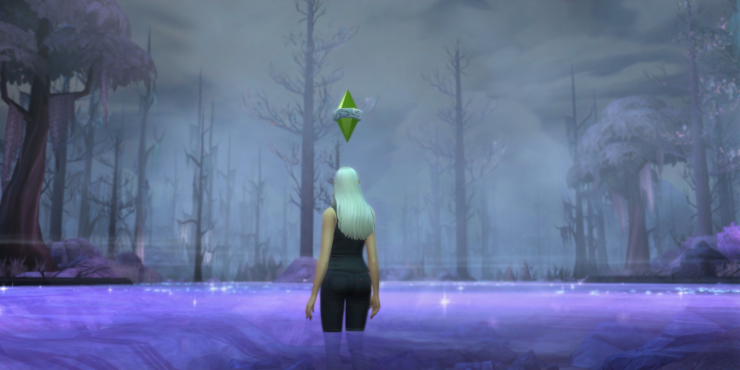 Sim standing in the Baleful Bog about to have an out of body experience