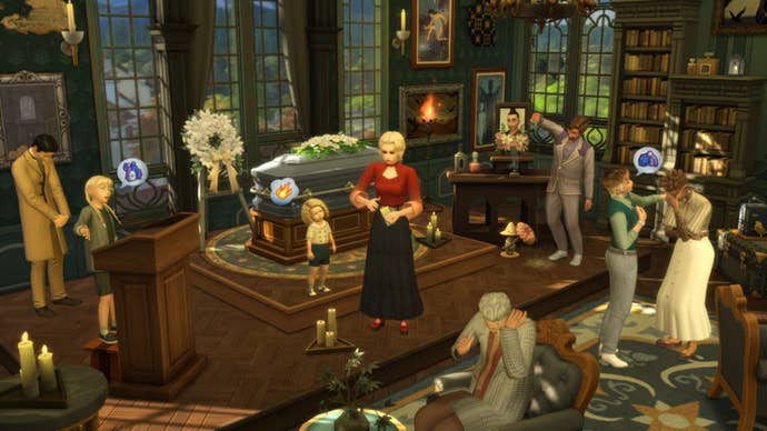 A group of Sims participate in a funeral service inside a well-appointed mortuary.