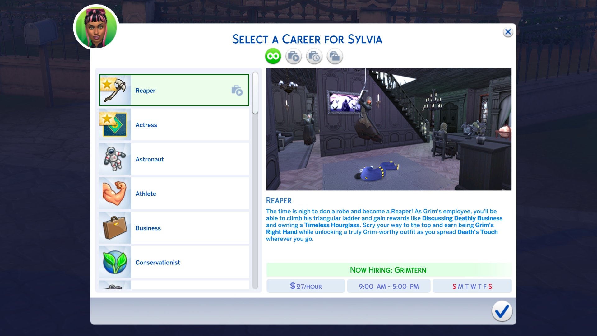 The career window to select Reaper in The Sims 4