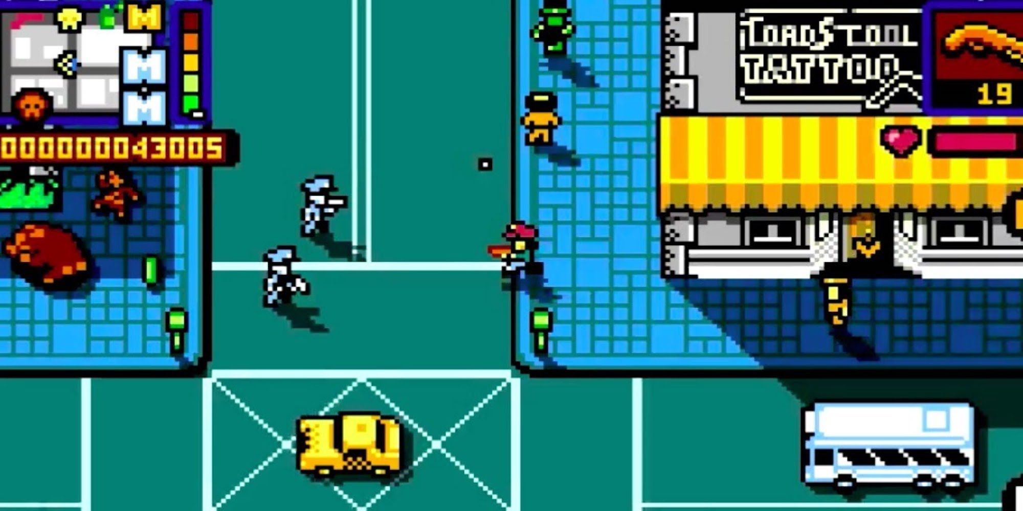 A player fighting enemies in Retro City Rampage.