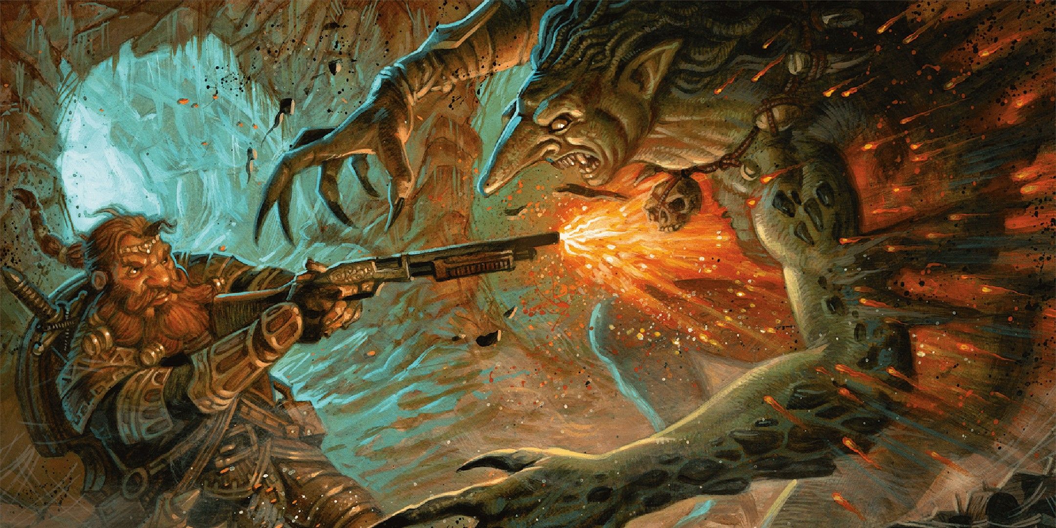 Dungeons & Dragons image showing a dwarf using a shotgun against a troll.