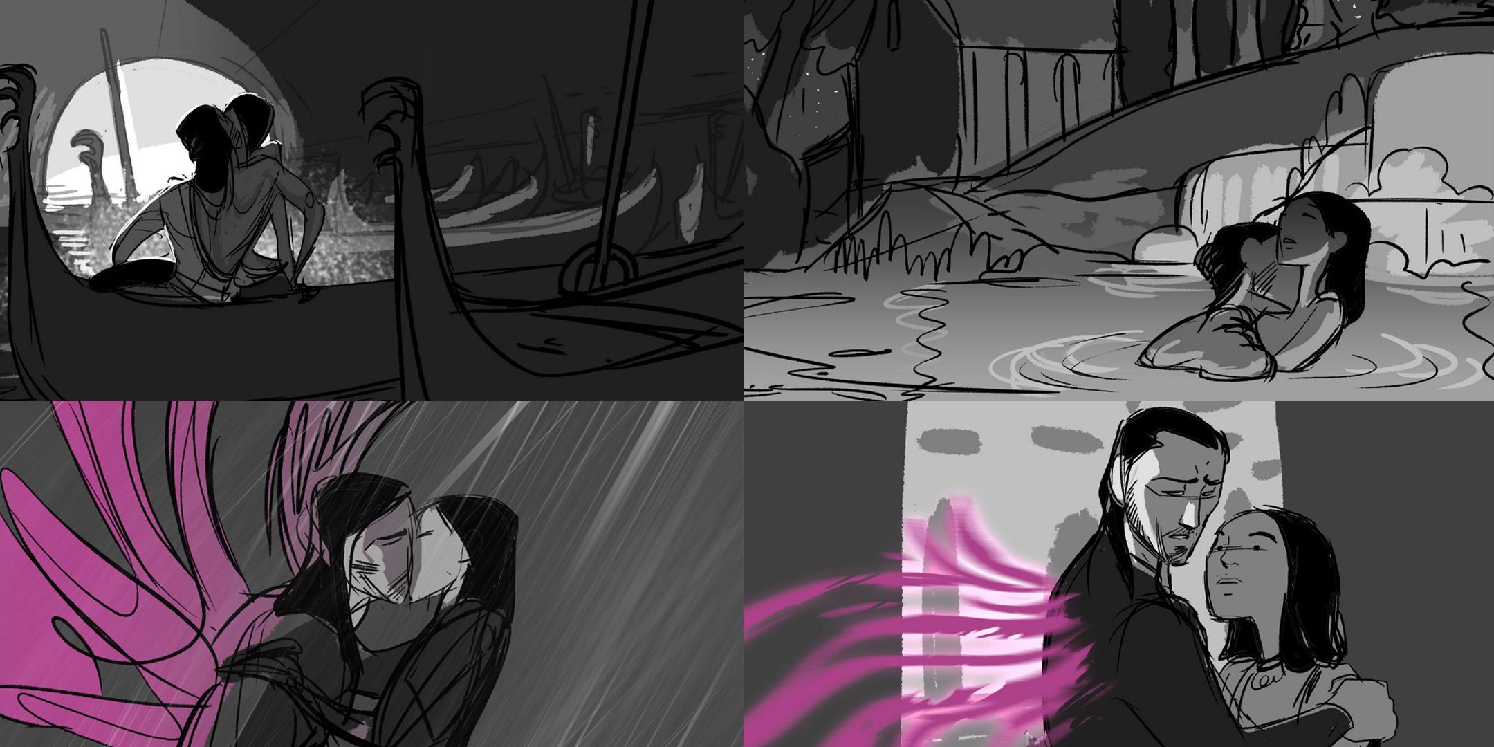 Dragon Age The Veilguard narrative art of scrapped Lucanis romance scene where he makes out with Rook on a canal boat, in a water spring, and in the rain.