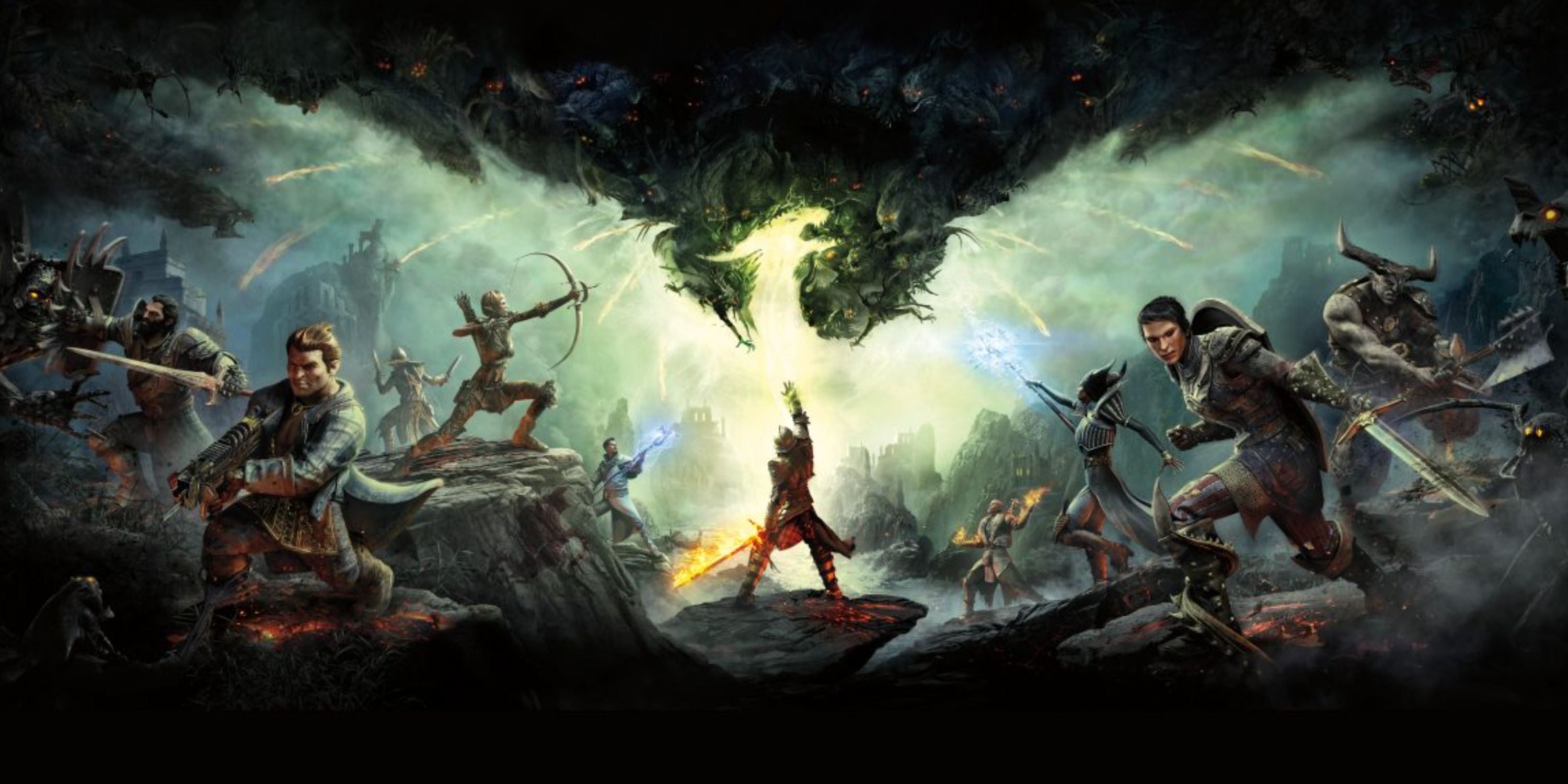 Dragon Age Inquisition Cover Art featuring player holding hand up to dragon mid battle.